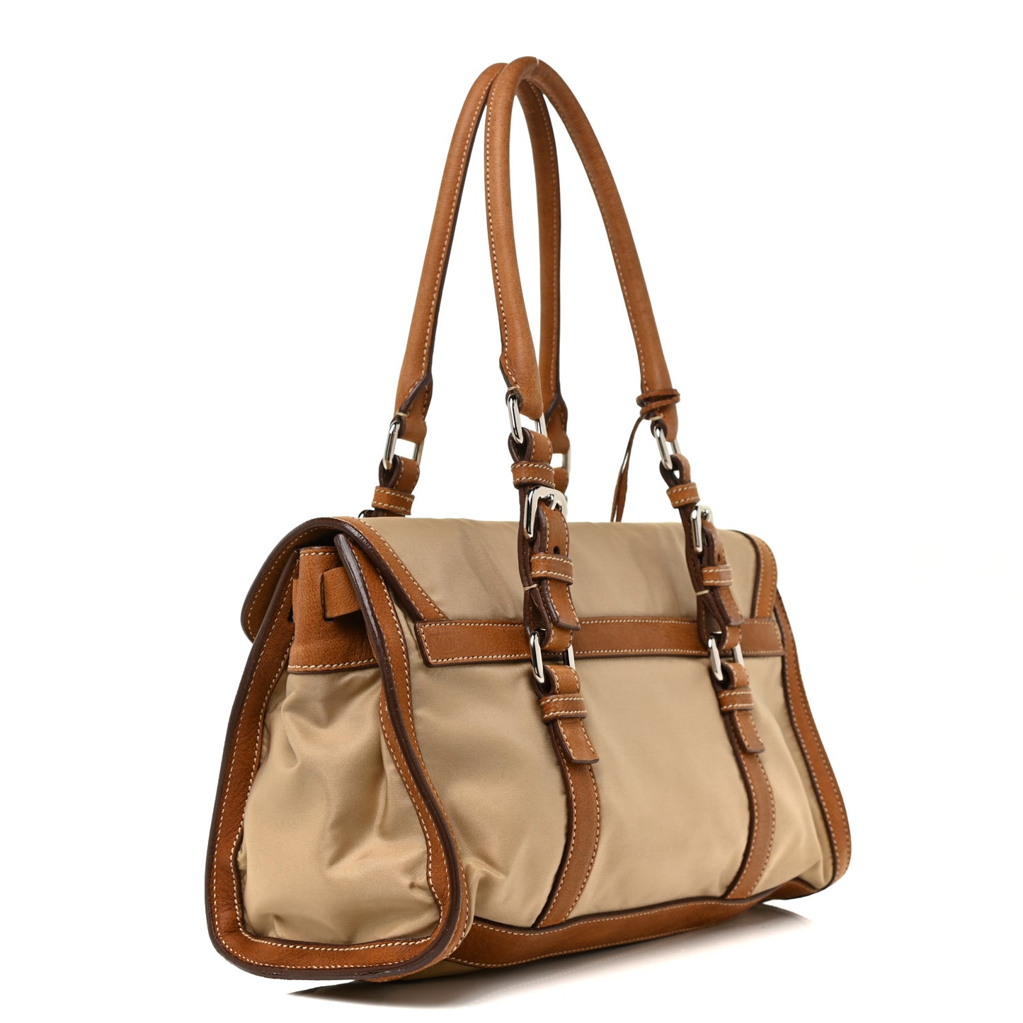 Tessuto Nylon Vitello Foldover Pushlock Satchel Beige
