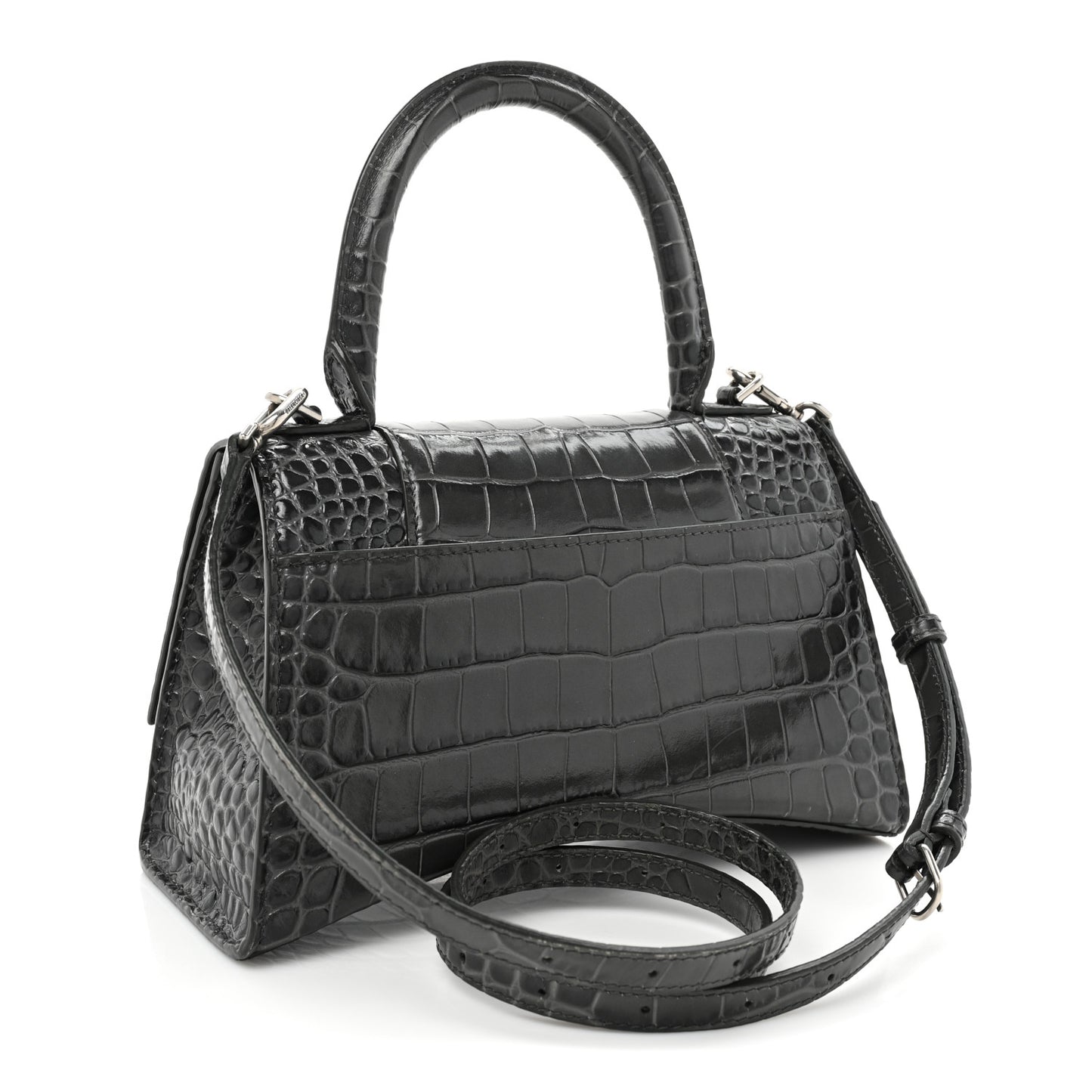 Shiny Calfskin Crocodile Embossed Small Hourglass Top Handle Bag Dark Grey
