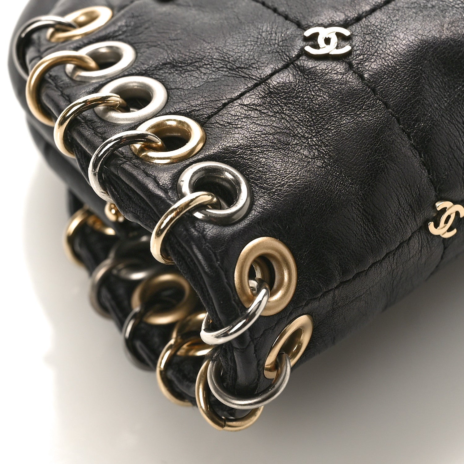 Chanel Calfskin Square Quilted Grommet Embellished Piercing Chic Clutch Black 8 of 9
