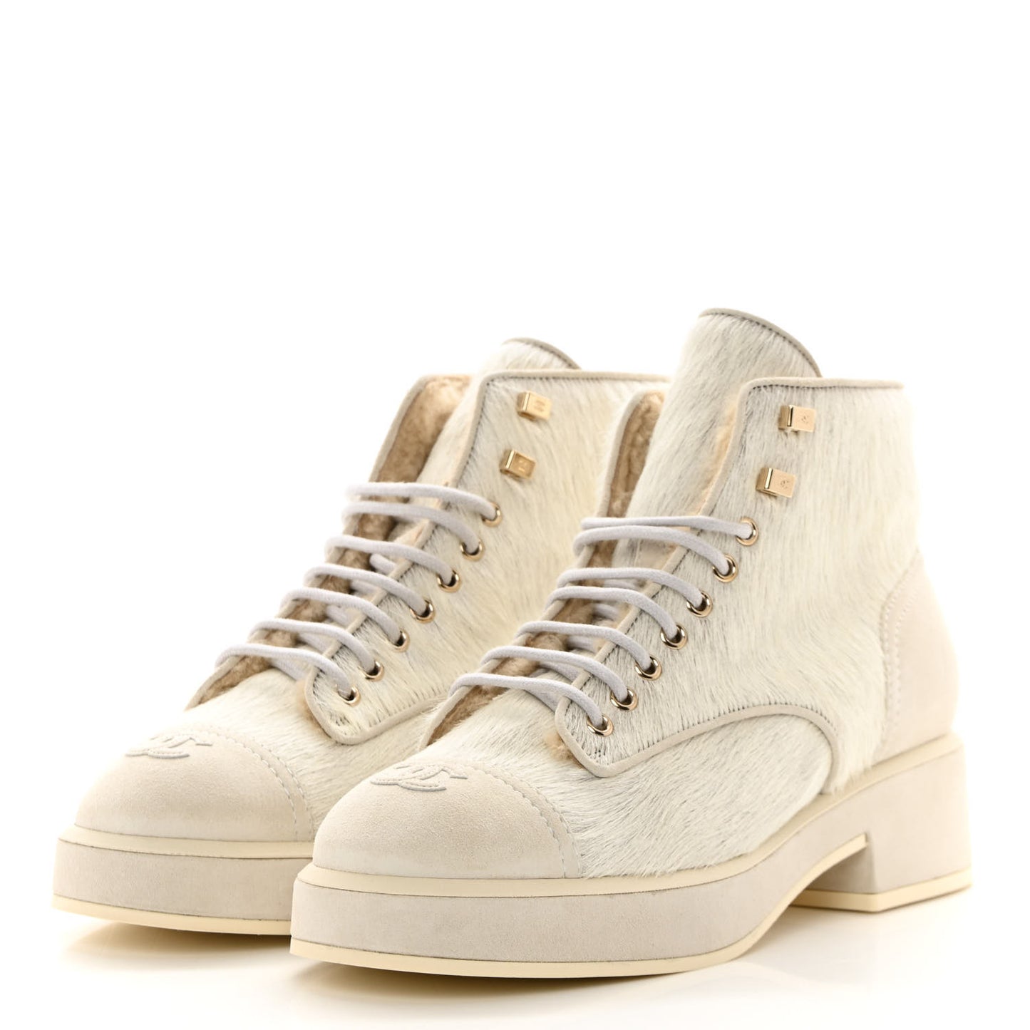 Suede Pony Hair Shearling Lace Up Combat Boots 40 White