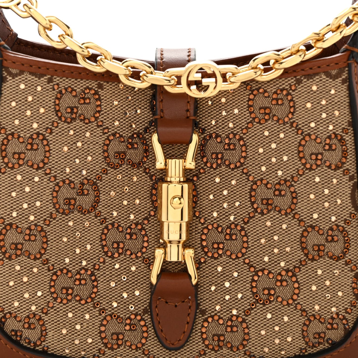 New Canvas Charisma Calfskin Crystal GG Monogram Mini Jackie 1961 Hobo Camel Ebony