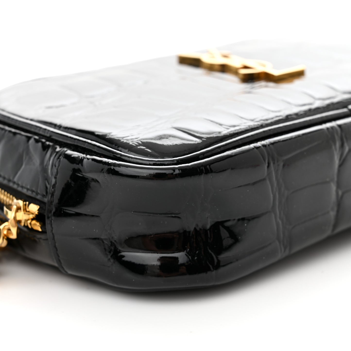 Patent Calfskin Crocodile Embossed Monogram Mini Lou Camera Bag Black