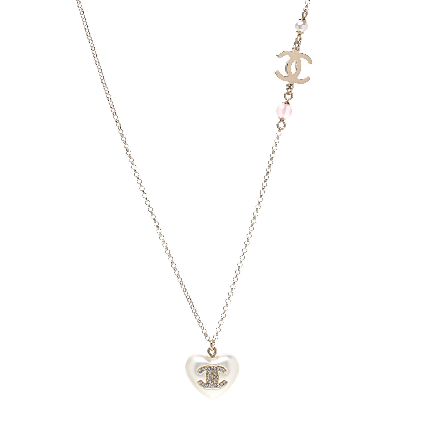 Resin Crystal CC Heart Necklace Pearly White Gold