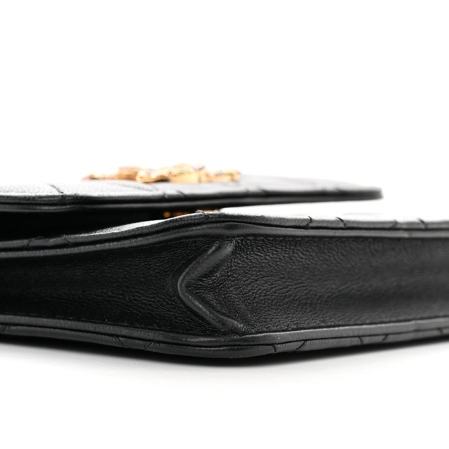 Lambskin Quilted Zirconium Pearl Card Holder Flap With Chain Black