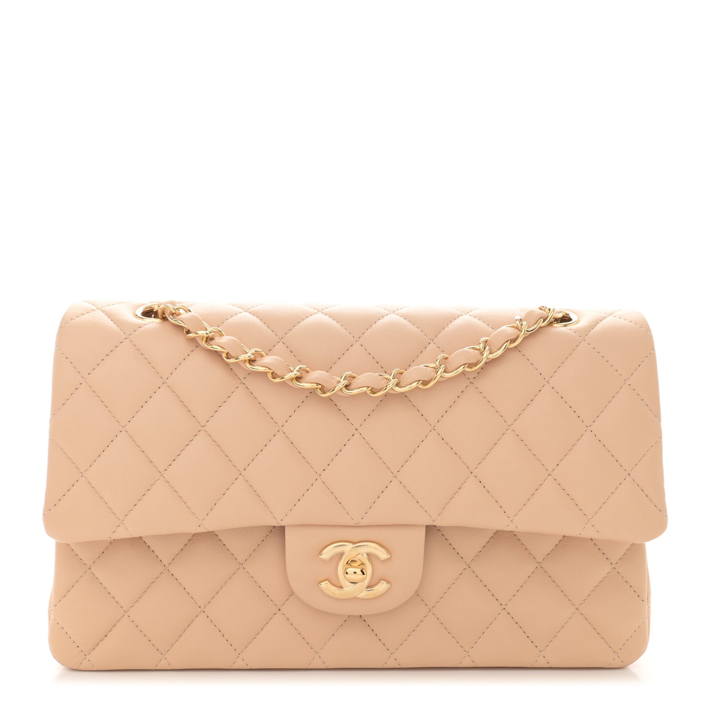 Lambskin Quilted Medium Double Flap Beige