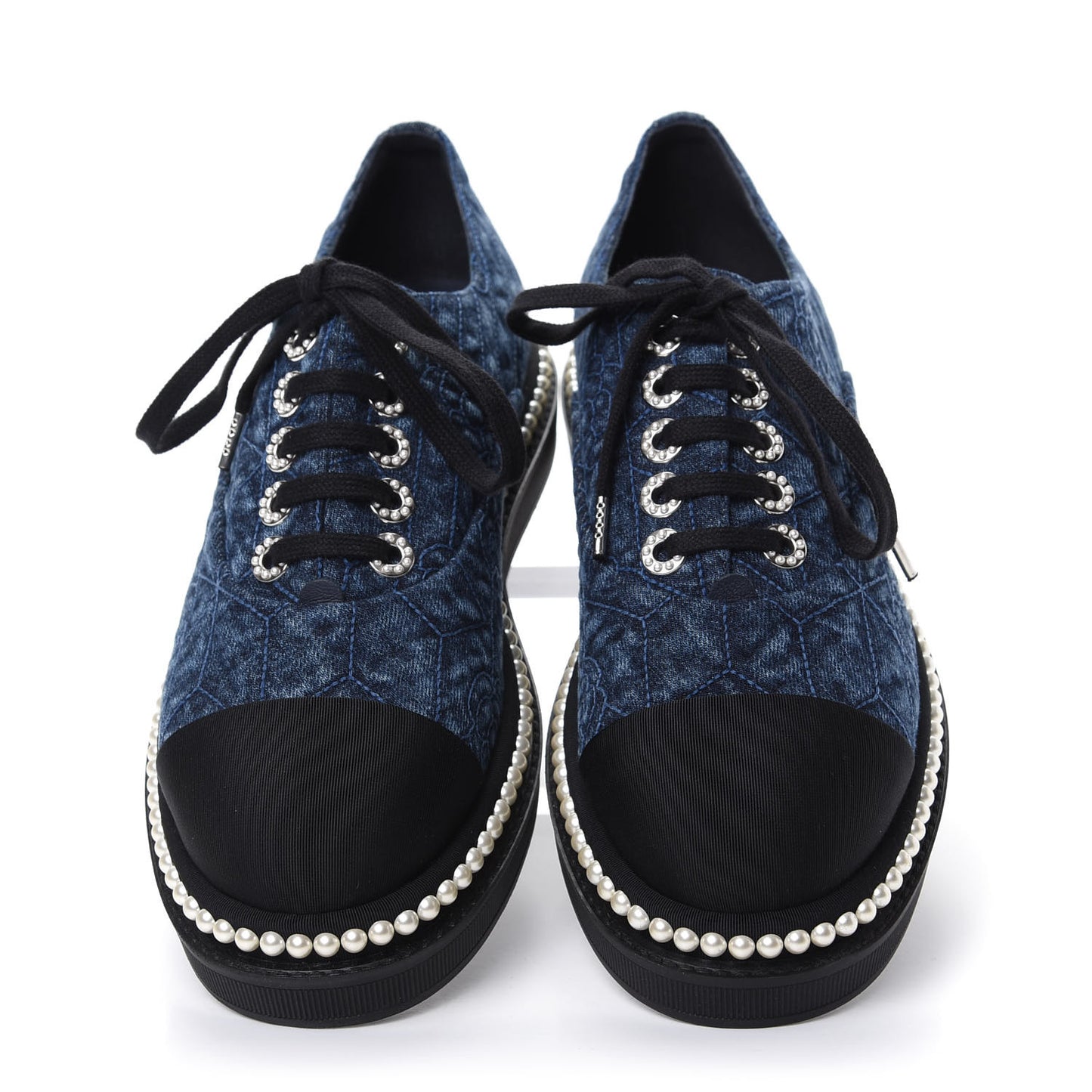 Denim Grosgrain Camellia Pearl Lace Up Sneakers 38.5 Blue Black