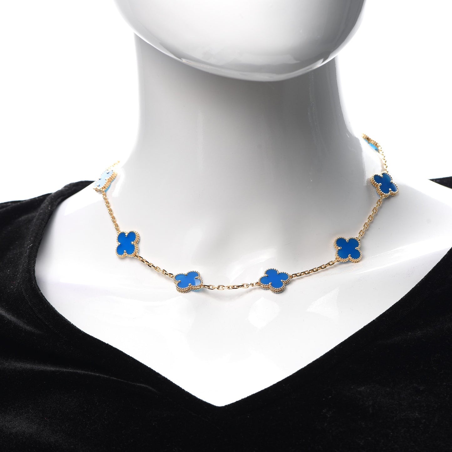 18K Yellow Gold Blue Agate 10 Motifs Vintage Alhambra Necklace