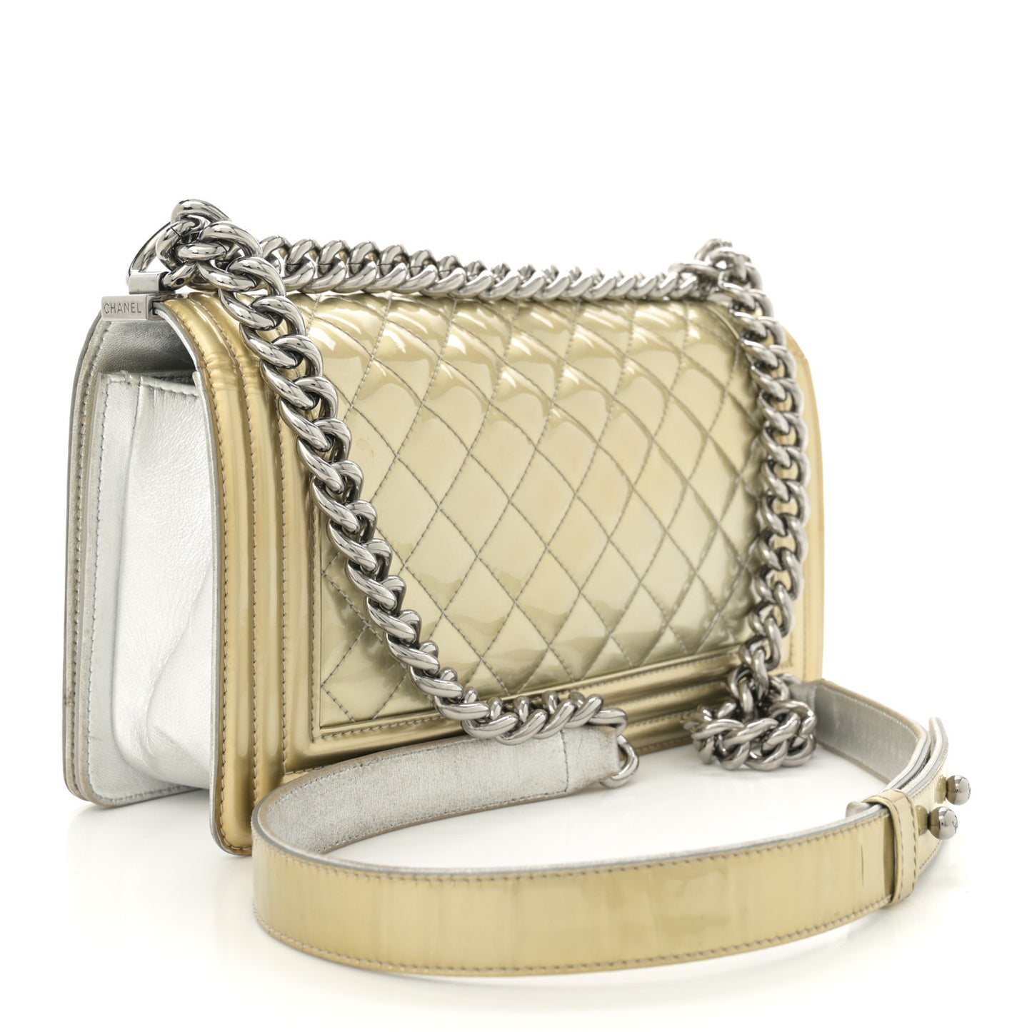 Metallic Patent Calfskin Quilted Medium Boy Flap Gold