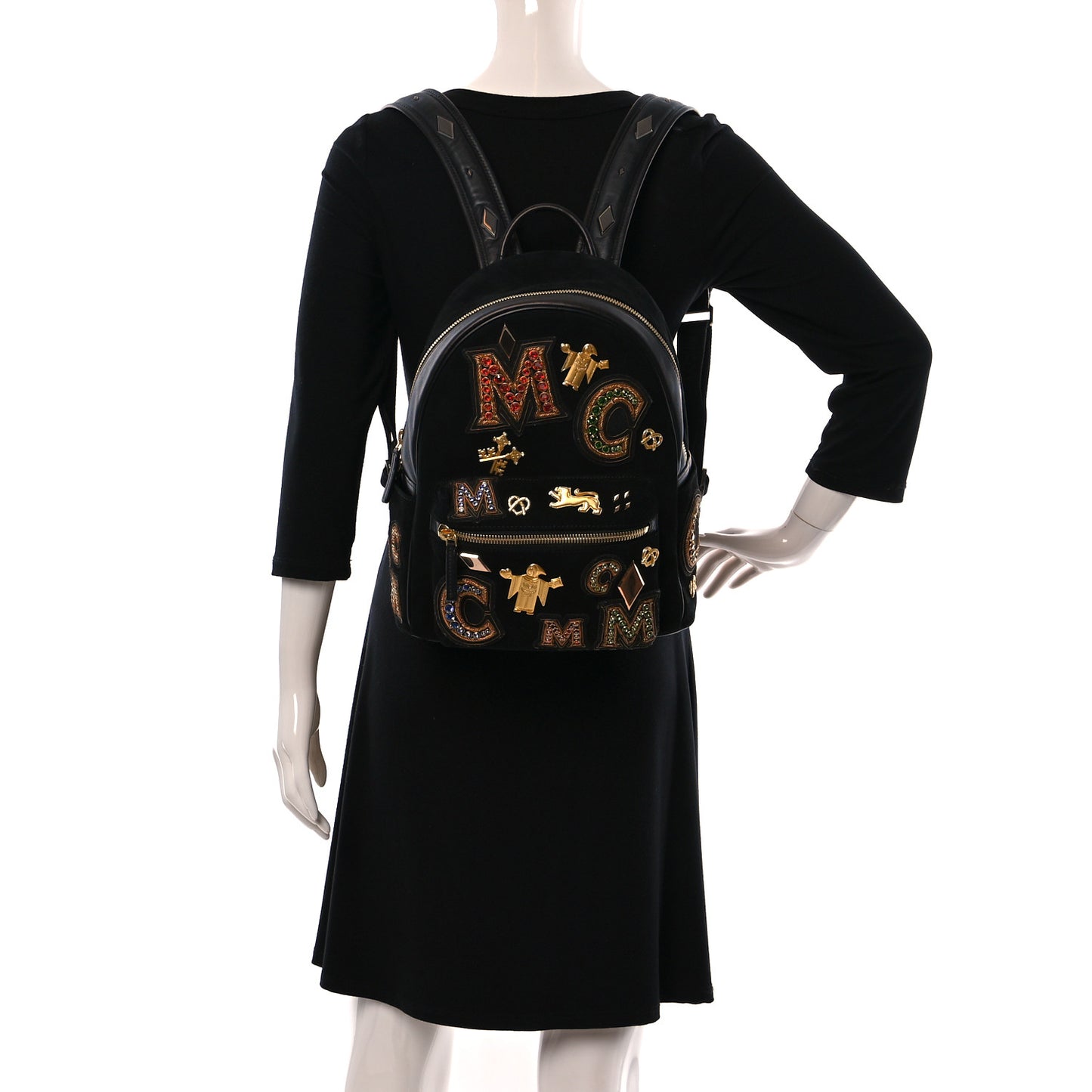 Suede Crystal Victory Patch Backpack Black