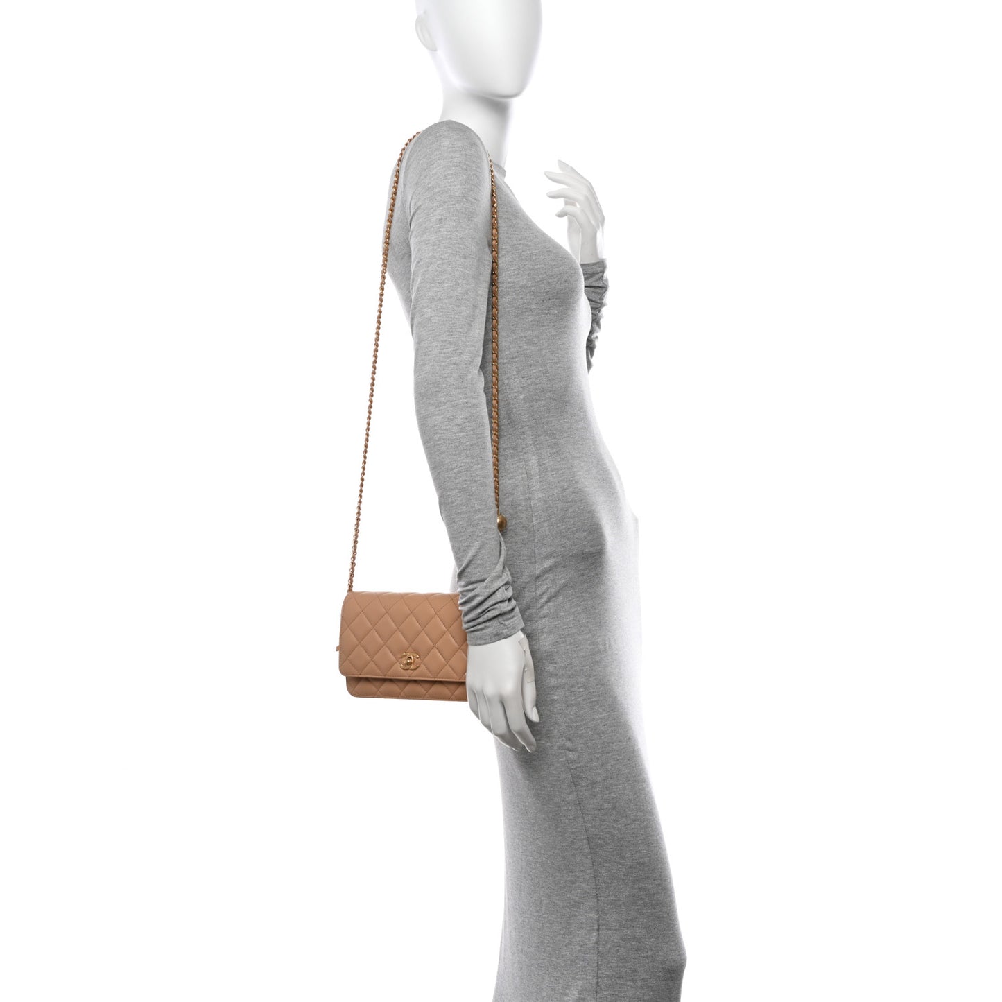 Lambskin Quilted CC Pearl Crush Wallet on Chain WOC Beige