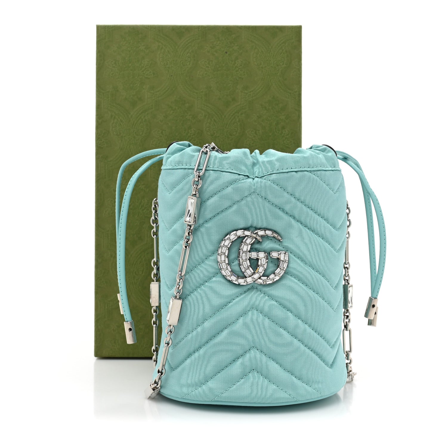 Moire Fabric Calfskin Crystal Matelasse Mini GG Marmont 2.0 Bucket Bag Dark Ocean Wave Crystal