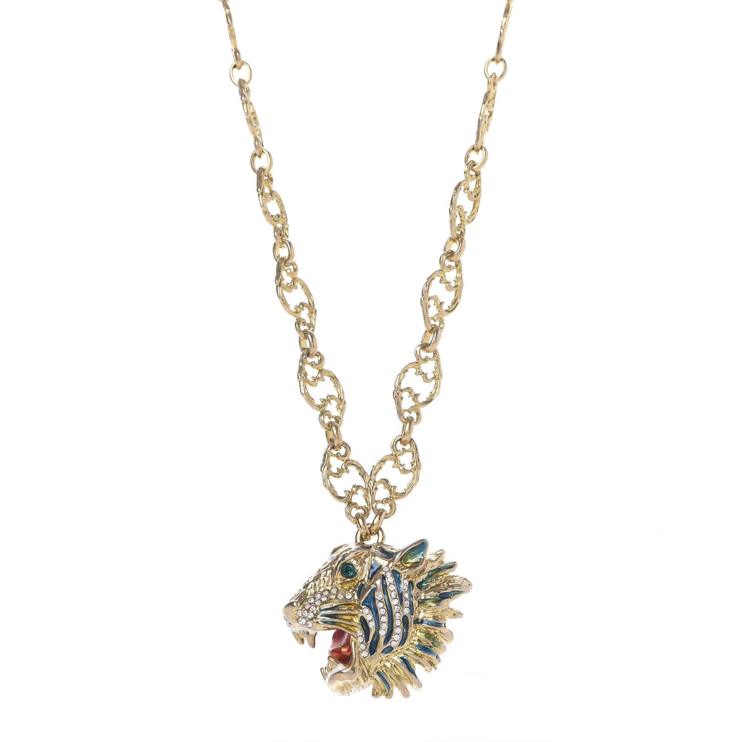 Metal Enamel Roaring Tiger Pendant Necklace Gold