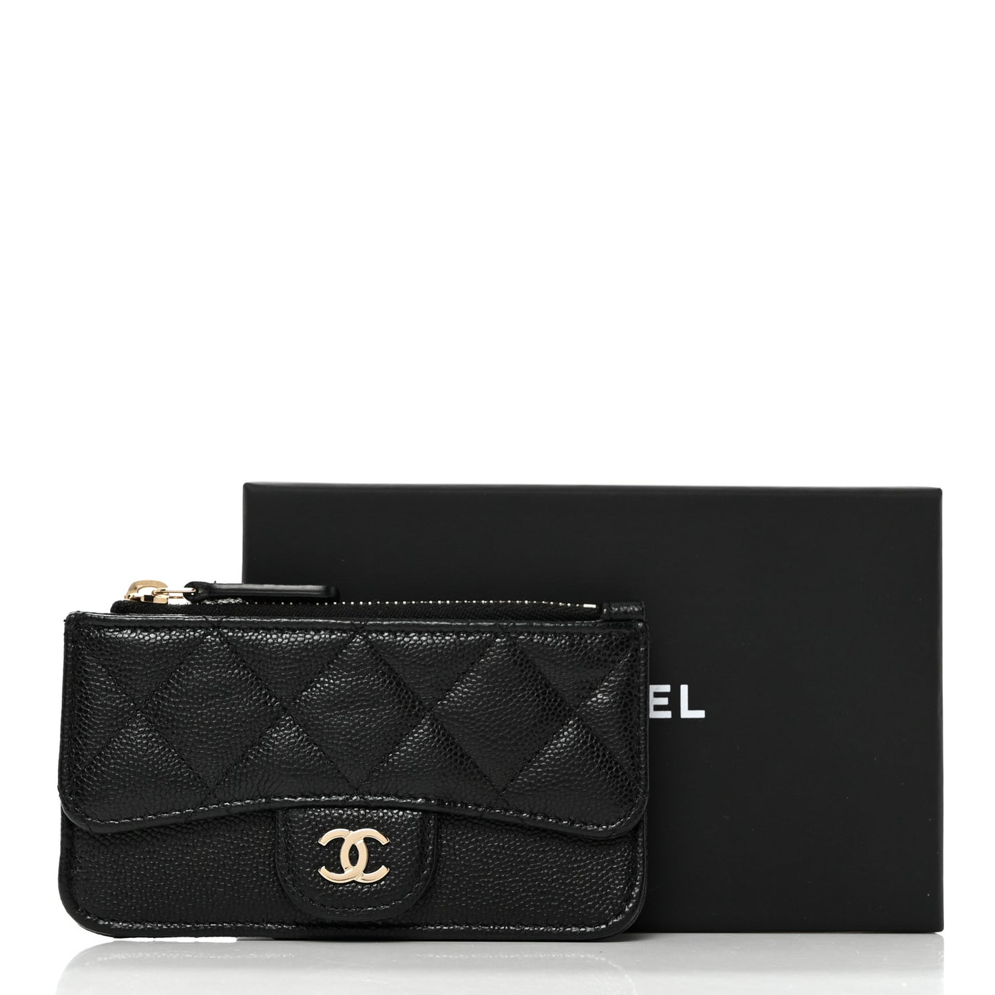 Caviar Quilted Flap Zip Card Holder Black