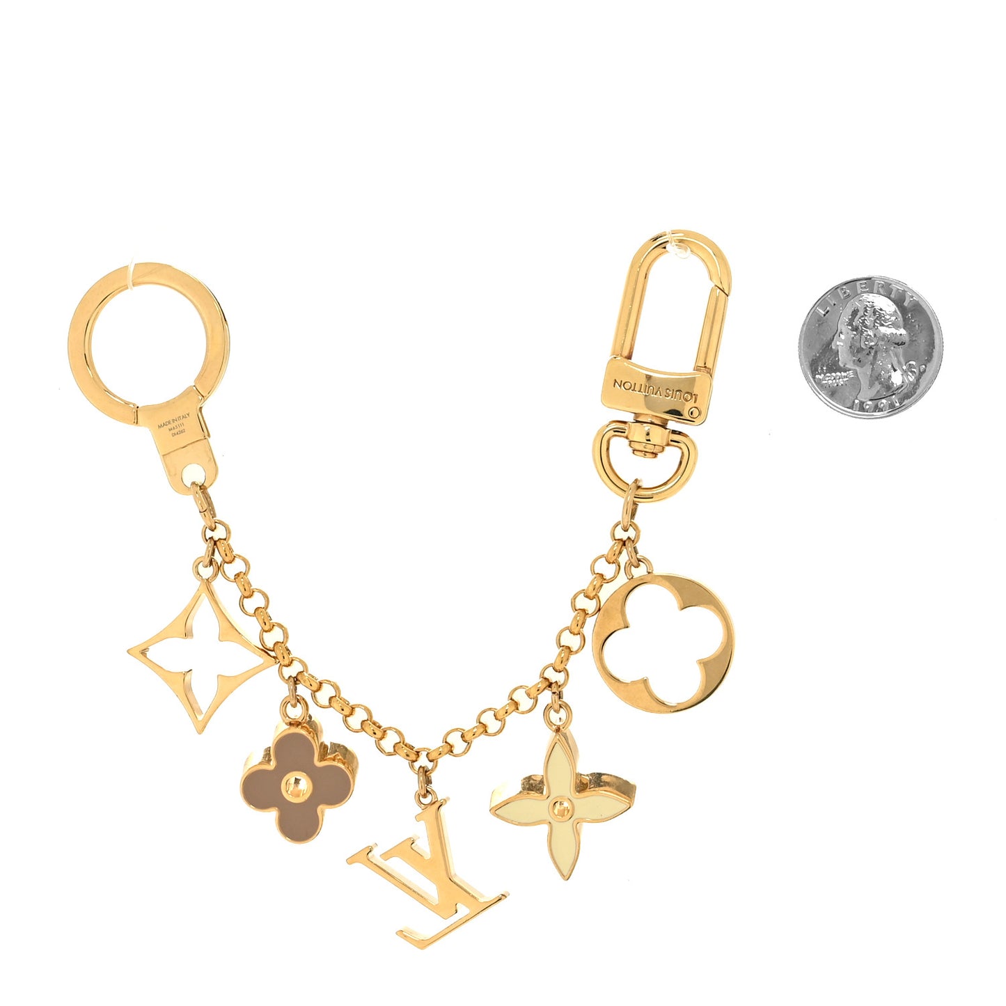Brass Enamel Fleur De Monogram Bag Charm Chain Gold