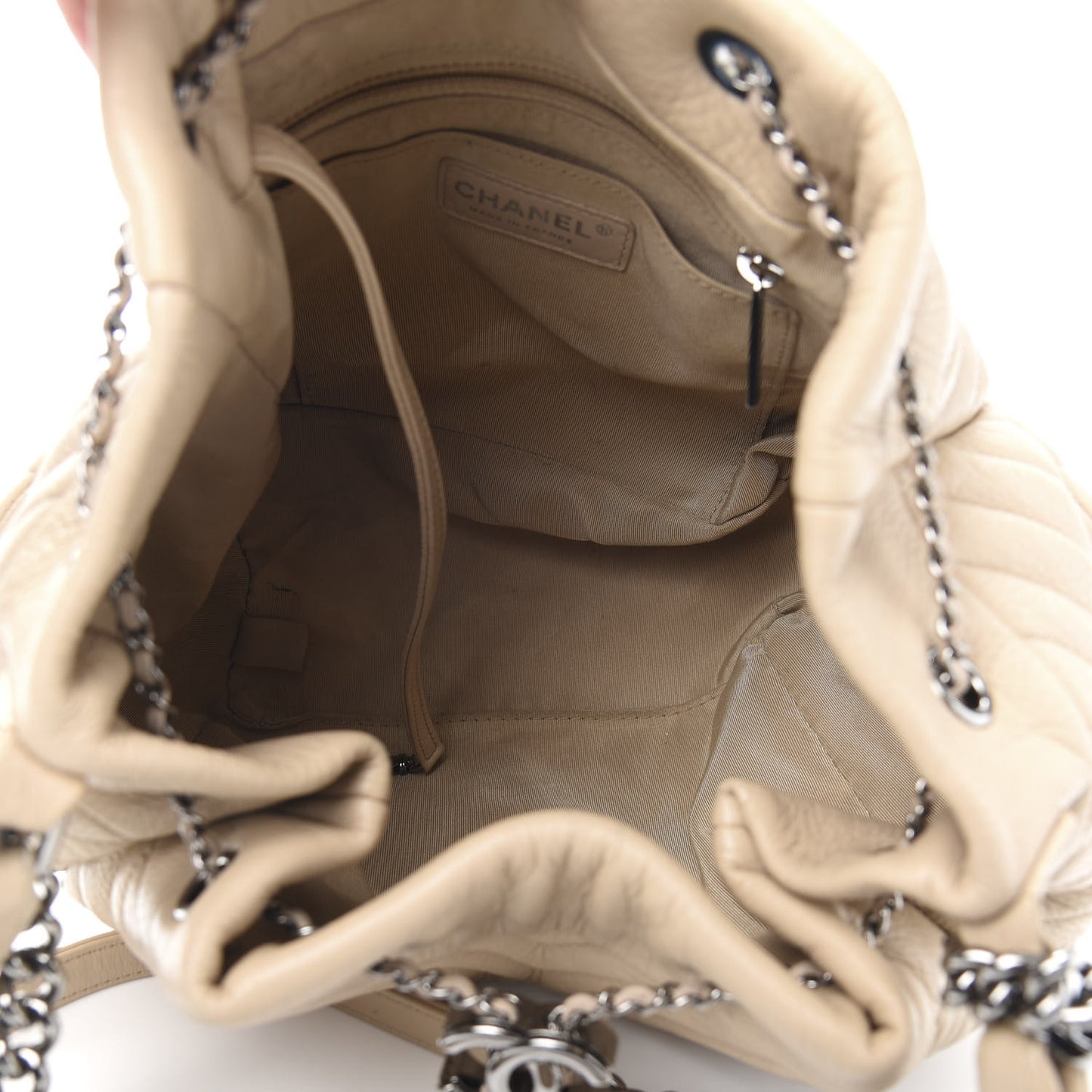 Deerskin Chevron Medium CC Chain Bucket Drawstring Bag Beige