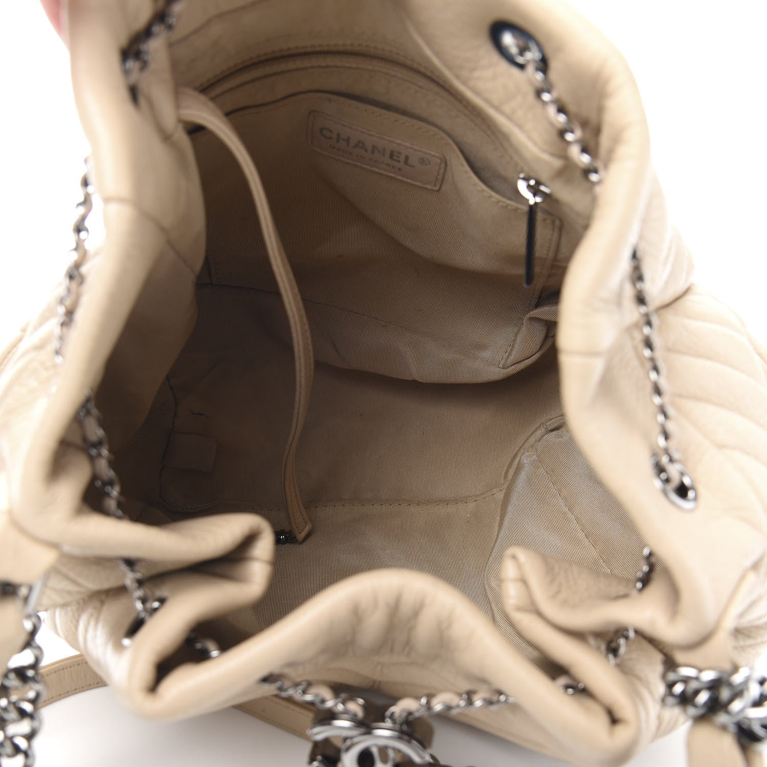 Chanel Deerskin Chevron Medium CC Chain Bucket Drawstring Bag Beige 7 of 14