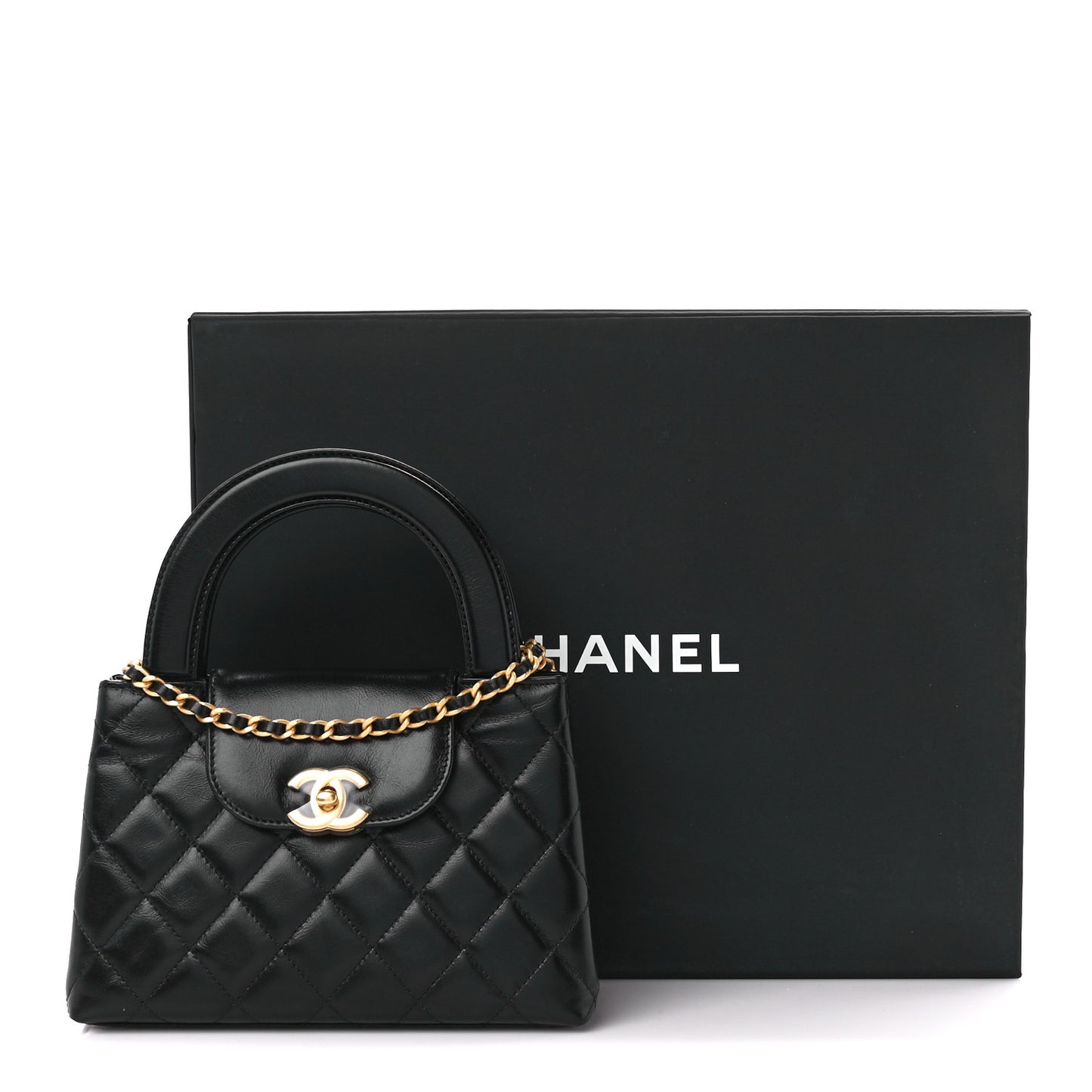 Shiny Aged Calfskin Quilted Nano Kelly Shopper Black