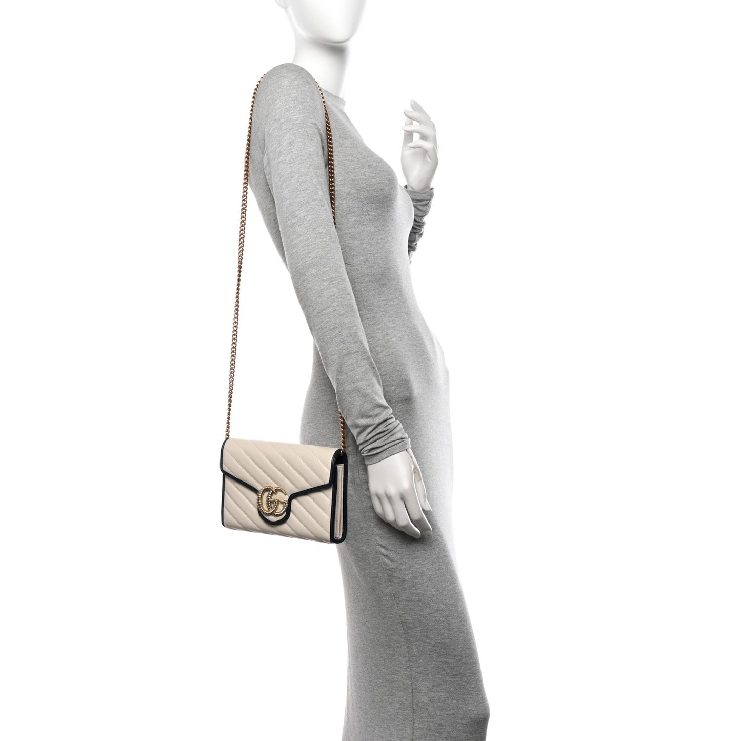 Vintage Effect Calfskin Matelasse Diagonal Torchon GG Marmont Chain Wallet Mystic White Blue Agata