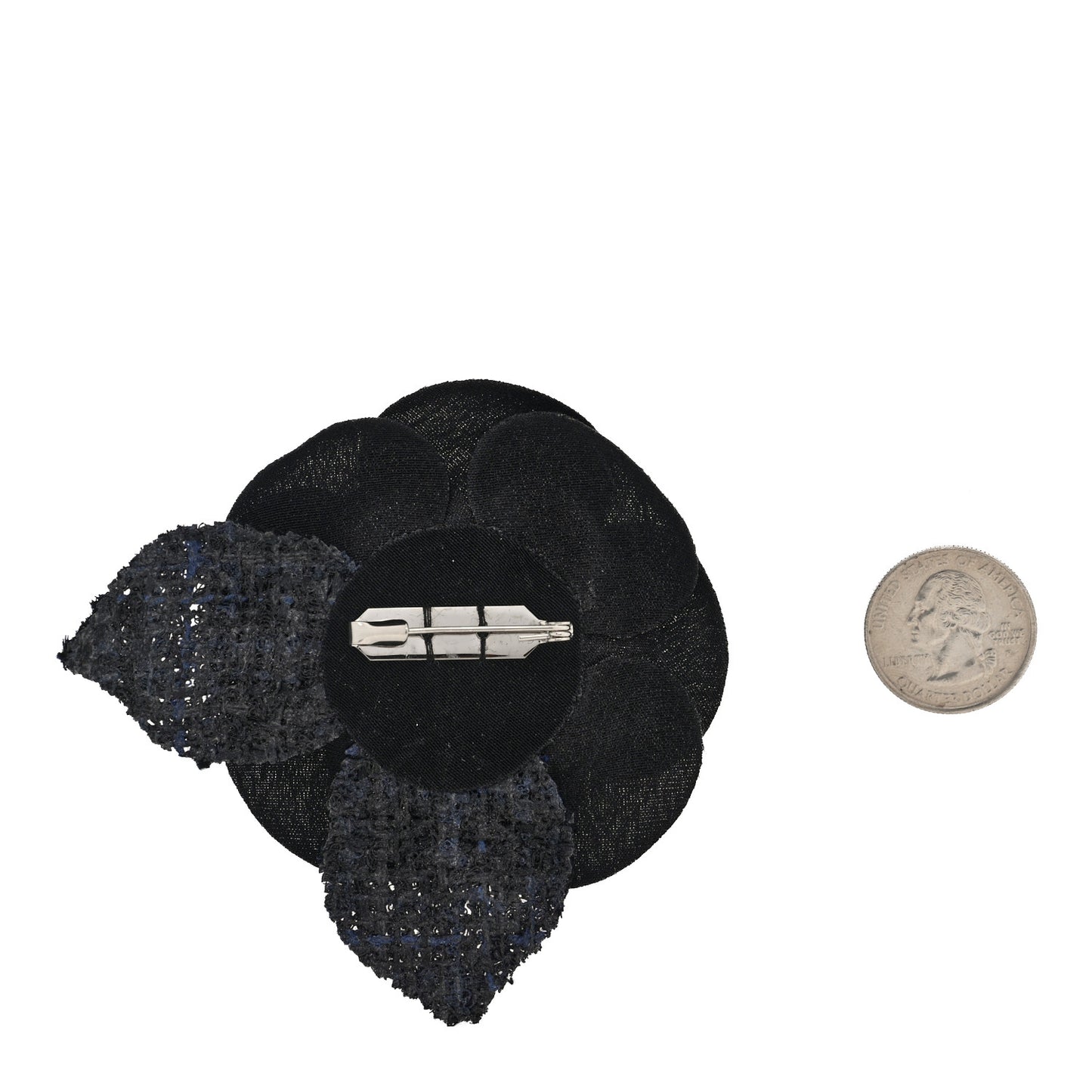 Tweed Fabric Camellia Pin Brooch Black