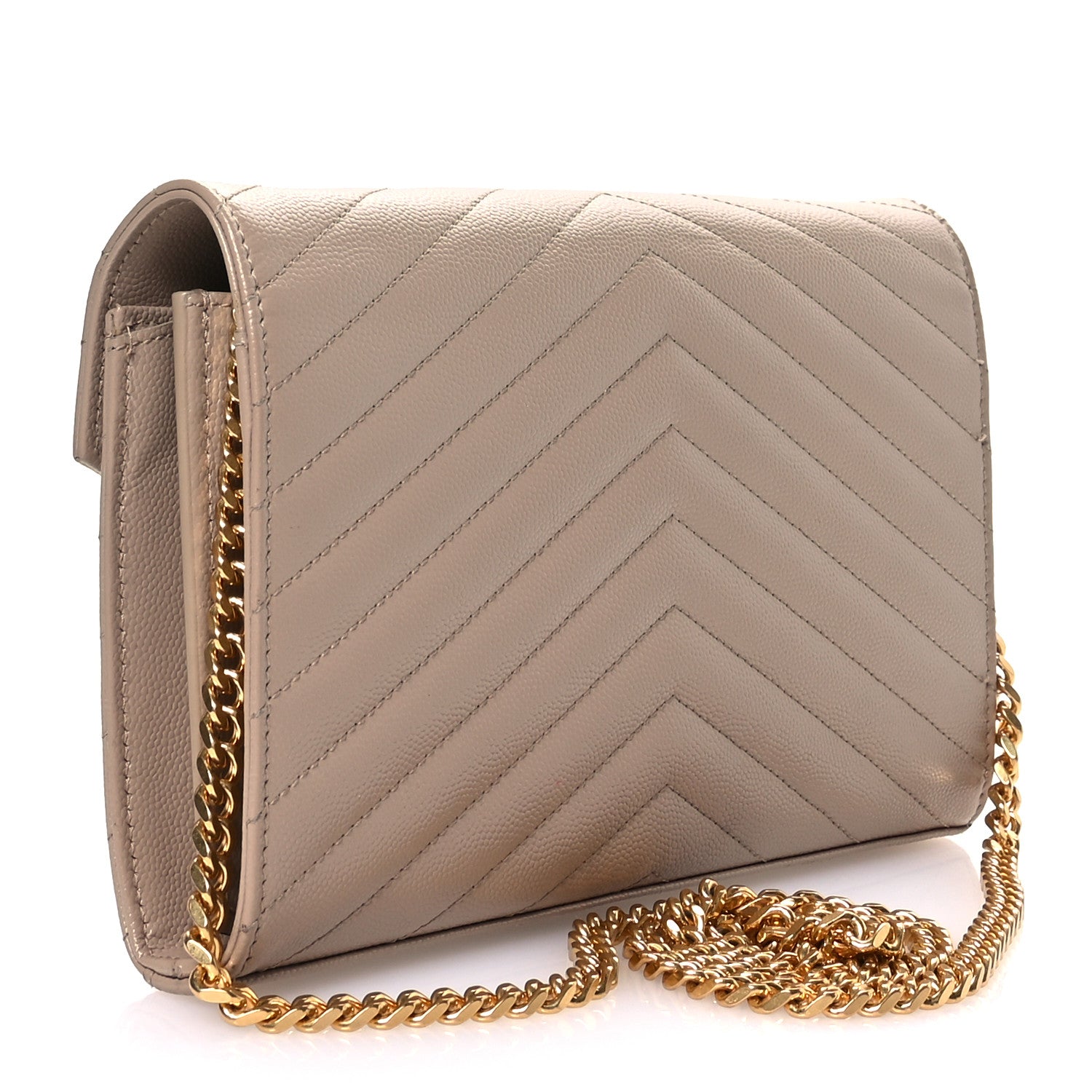 Saint Laurent Grain De Poudre Matelasse Chevron Monogram Chain Wallet Dark Beige 3 of 10