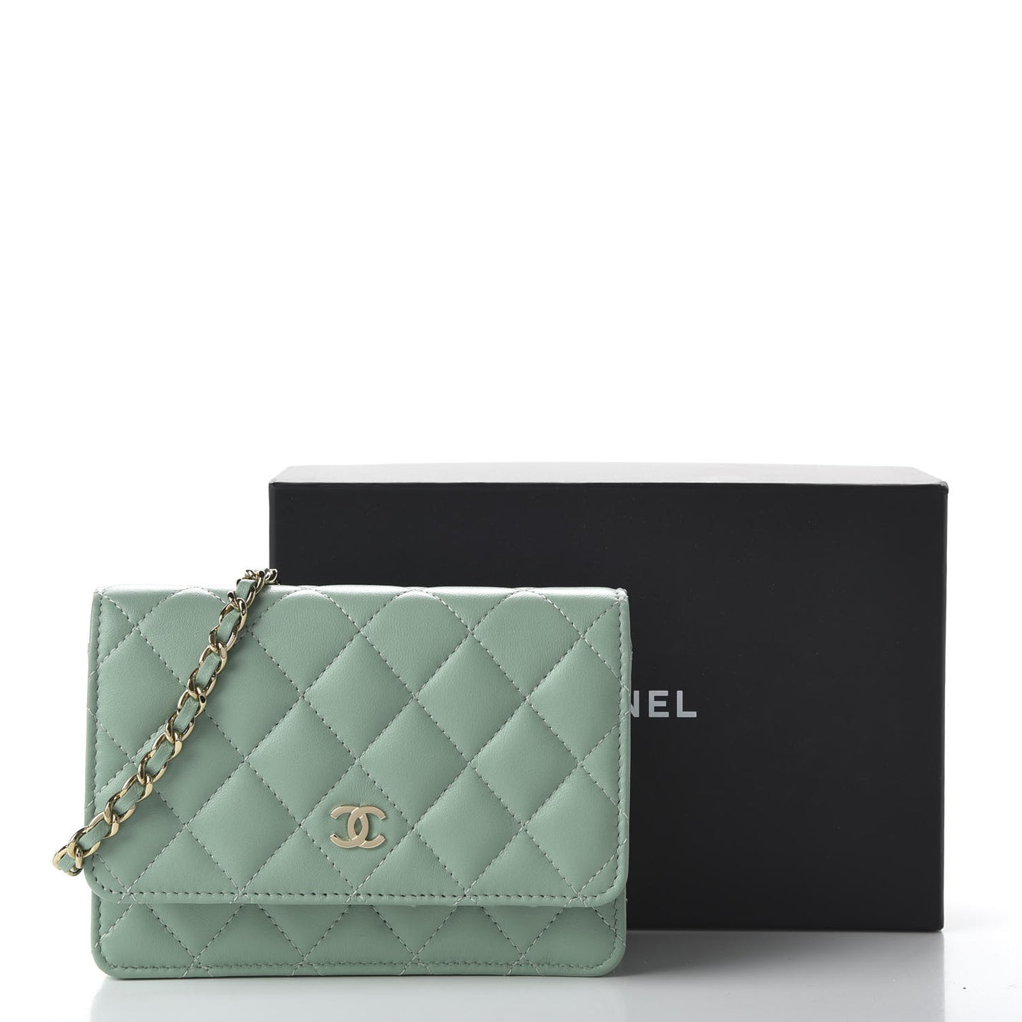 Lambskin Quilted Mini Wallet On Chain WOC Light Green