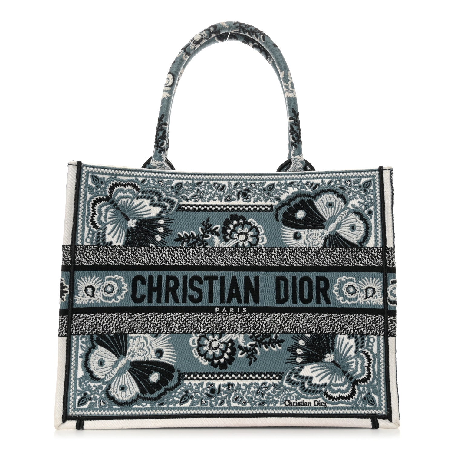 Christian Dior Canvas Butterfly Bandana Embroidered Medium Book Tote Black White 1 of 15