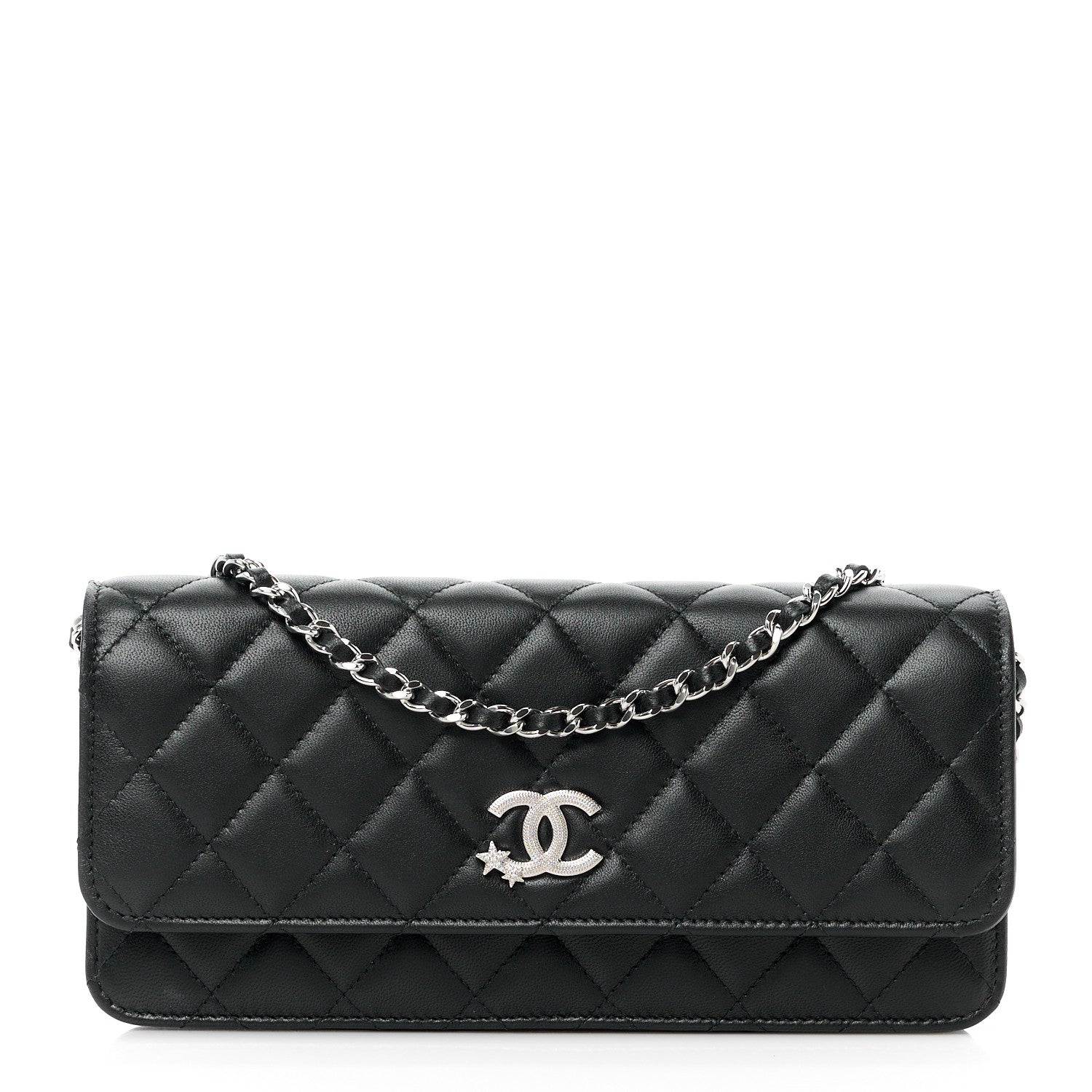 Chanel Lambskin Quilted Crystal Star Long Clutch With Chain Black