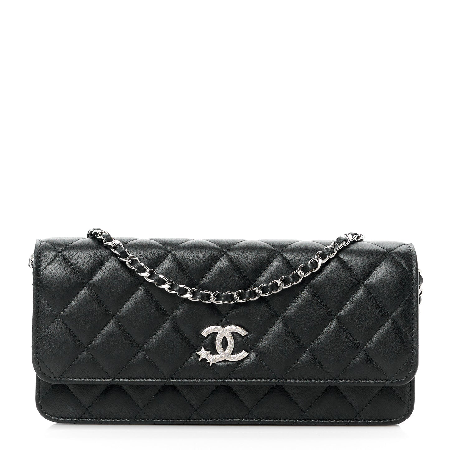 Lambskin Quilted Crystal Star Long Clutch With Chain Black