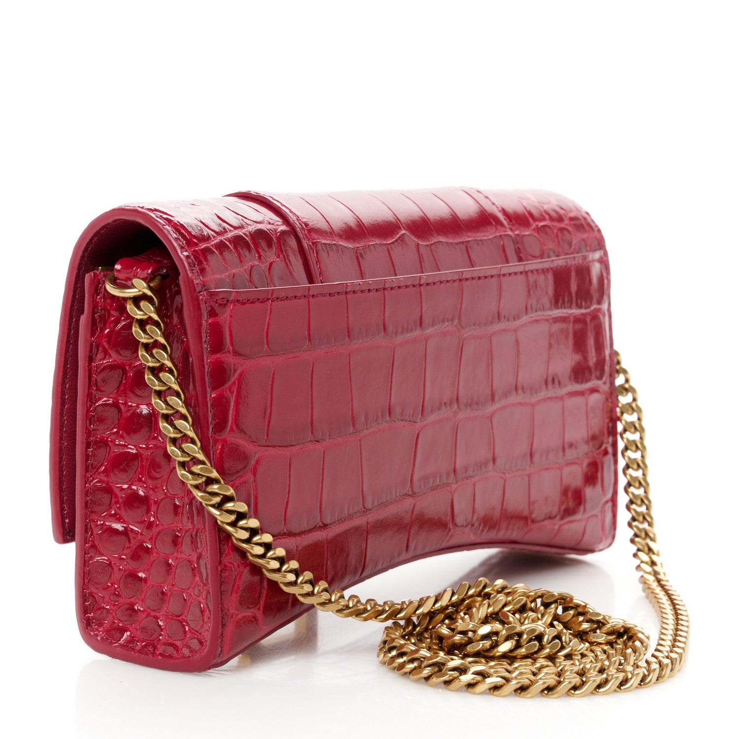 Balenciaga Shiny Calfskin Crocodile Embossed Hourglass Chain Bag Dark Red 3 of 11