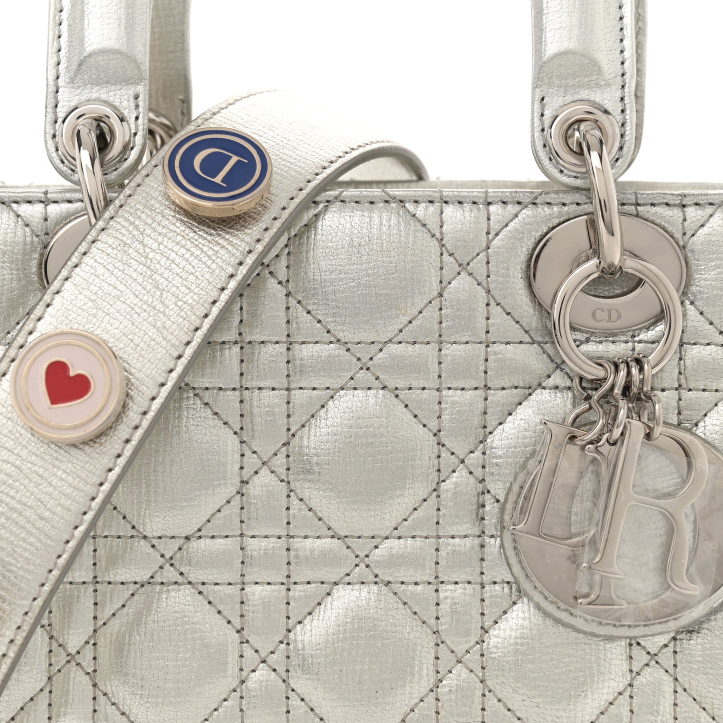 Metallic Grained Calfskin Cannage Small Lucky Badges My Lady Dior Silver