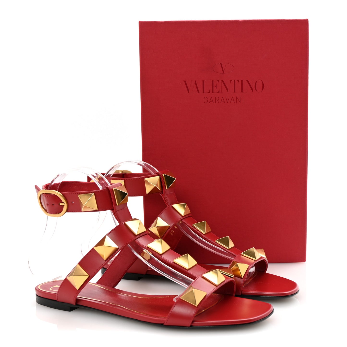 Calfskin Roman Stud Ankle Strap Flat Sandals 38.5 Rosso Valentino