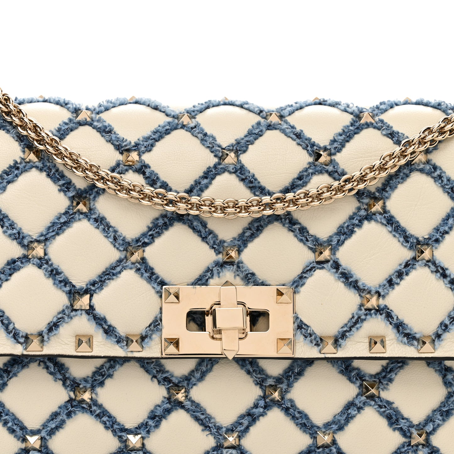 Nappa Denim Quilted Rockstud Spike Wallet on Chain Ivory Blue