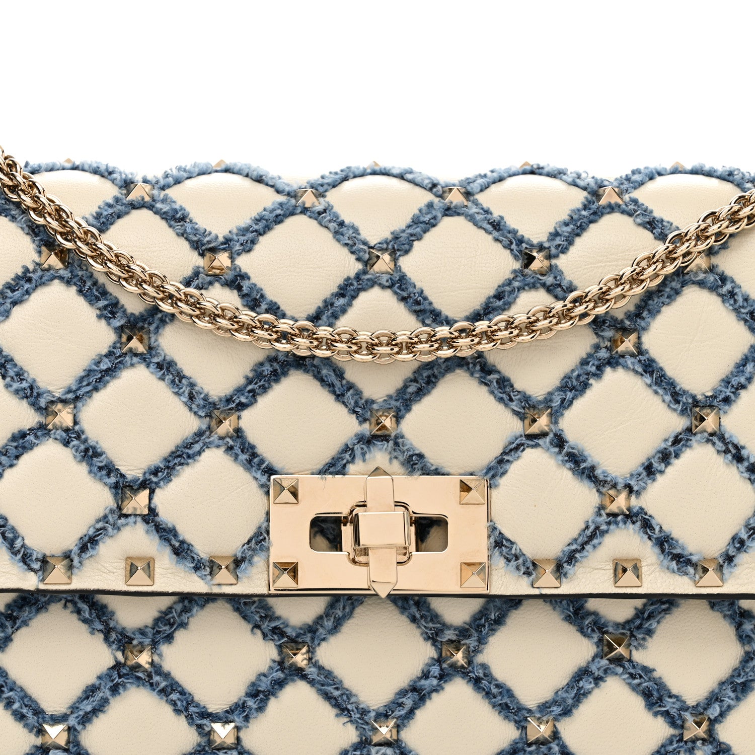 Valentino Garavani Nappa Denim Quilted Rockstud Spike Wallet on Chain Ivory Blue 7 of 13