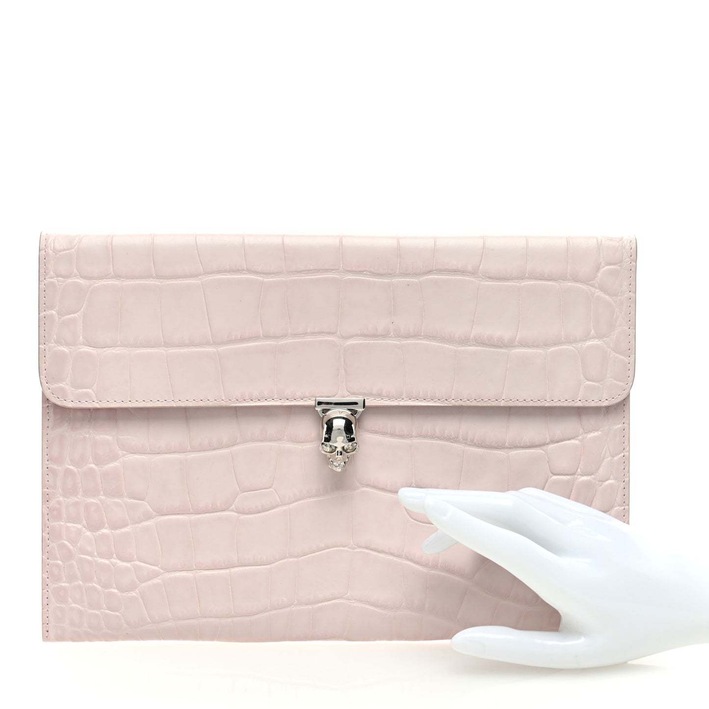 Calfskin Crocodile Embossed Skull Envelope Clutch Pink