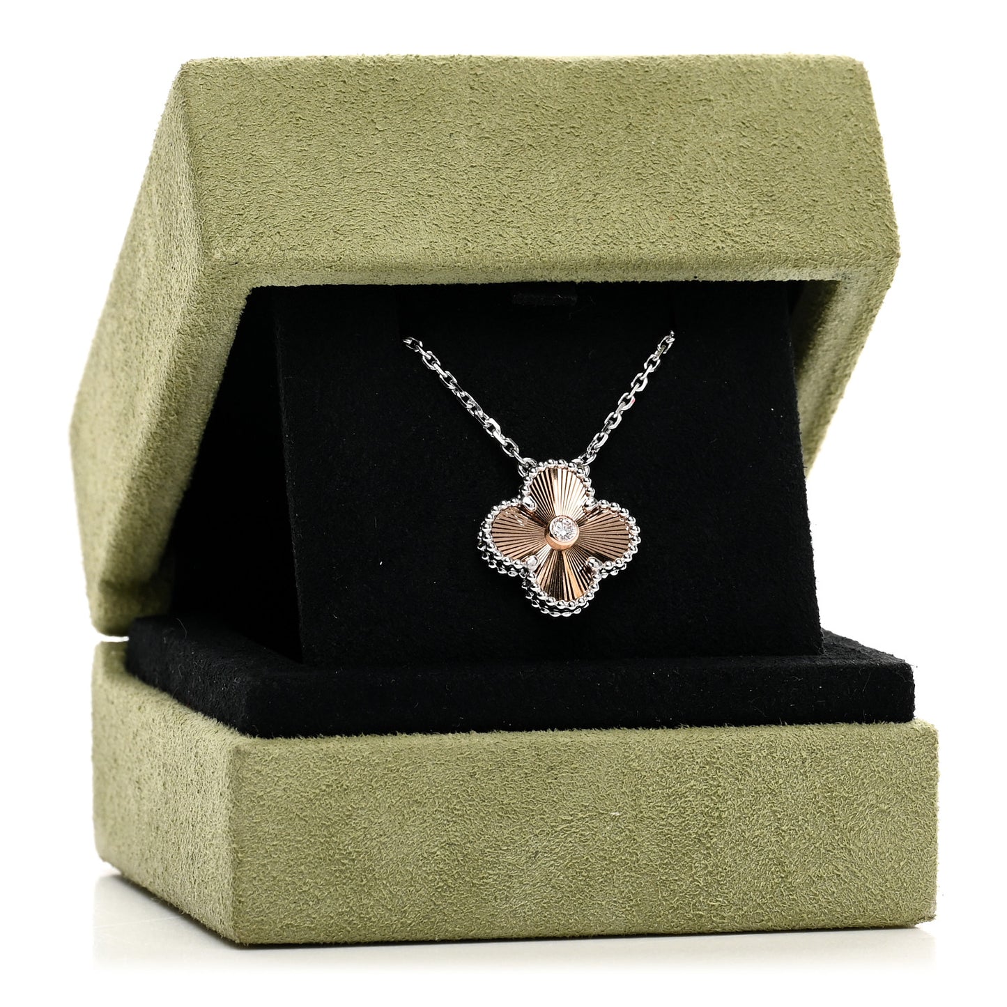 18K White Rose Gold Diamond Guilloche Vintage Alhambra Pendant Necklace