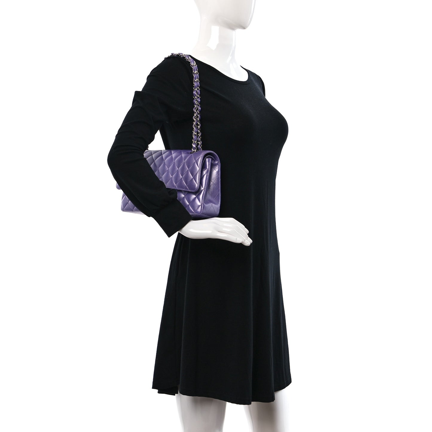 Metallic Lambskin Quilted Medium Double Flap Purple