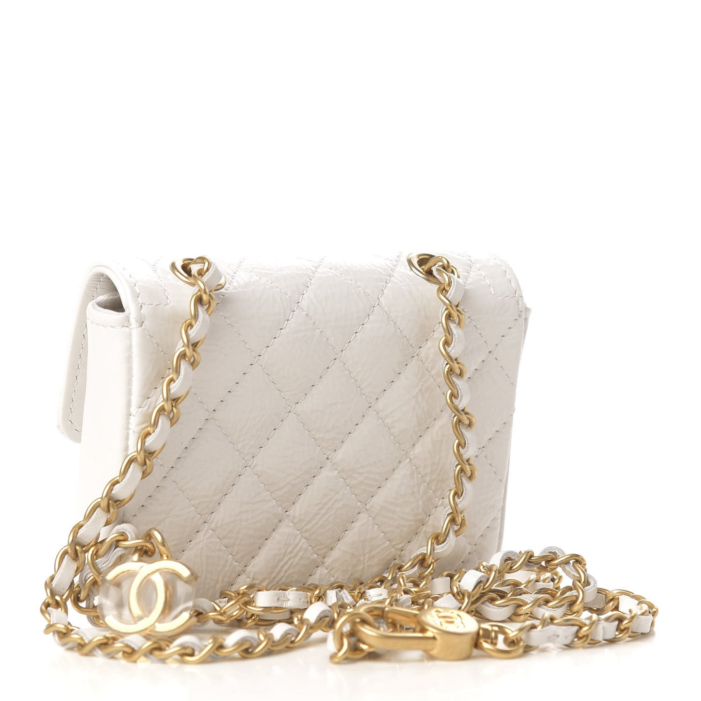 Shiny Aged Calfskin Quilted Waist Belt Bag White
