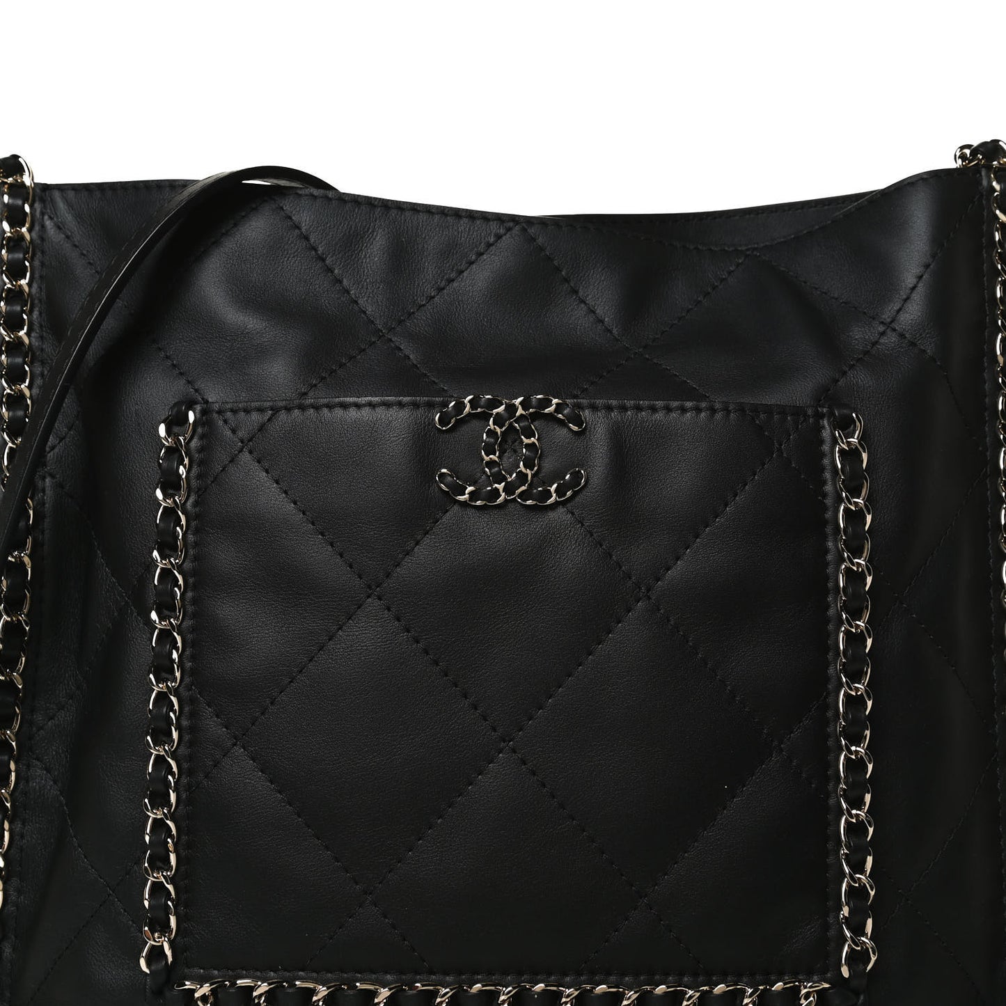 Calfskin Quilted Chain Flat Tote Black