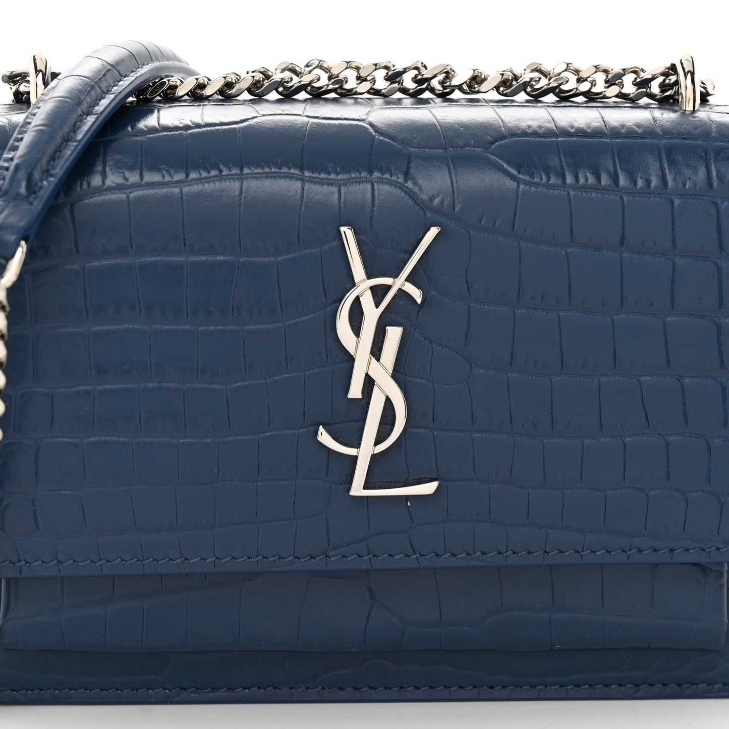 Calfskin Crocodile Embossed Monogram Sunset Chain Wallet Denim