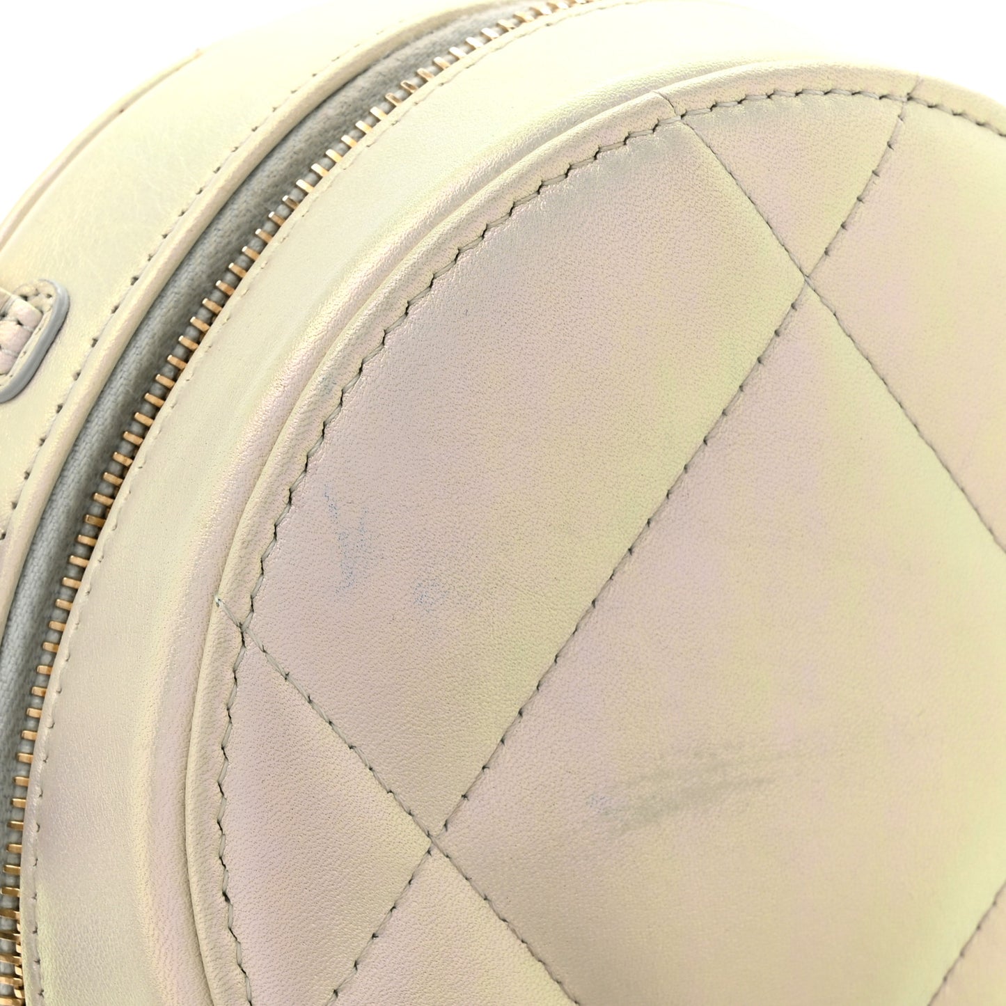 Iridescent Calfskin Quilted Chanel 19 Round Clutch With Chain White