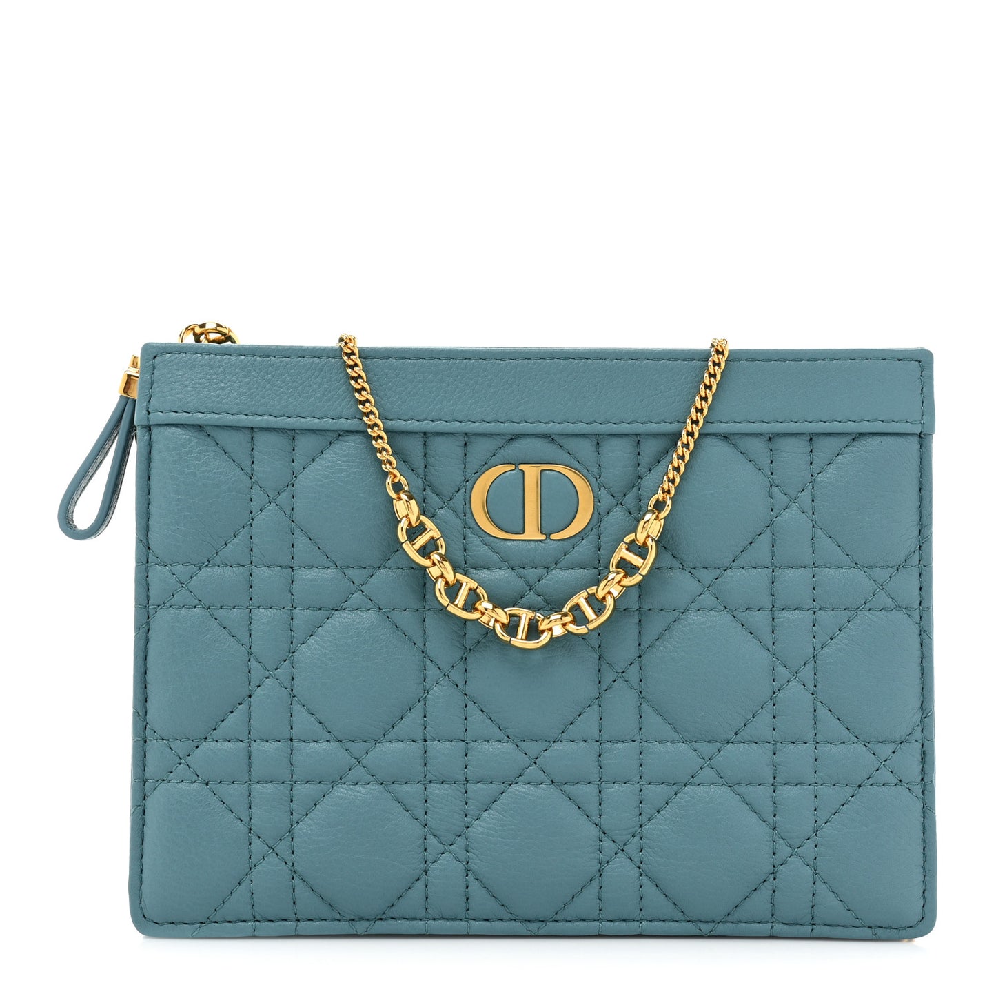 Calfskin Cannage Caro Zipped Pouch With Chain Cloud Blue