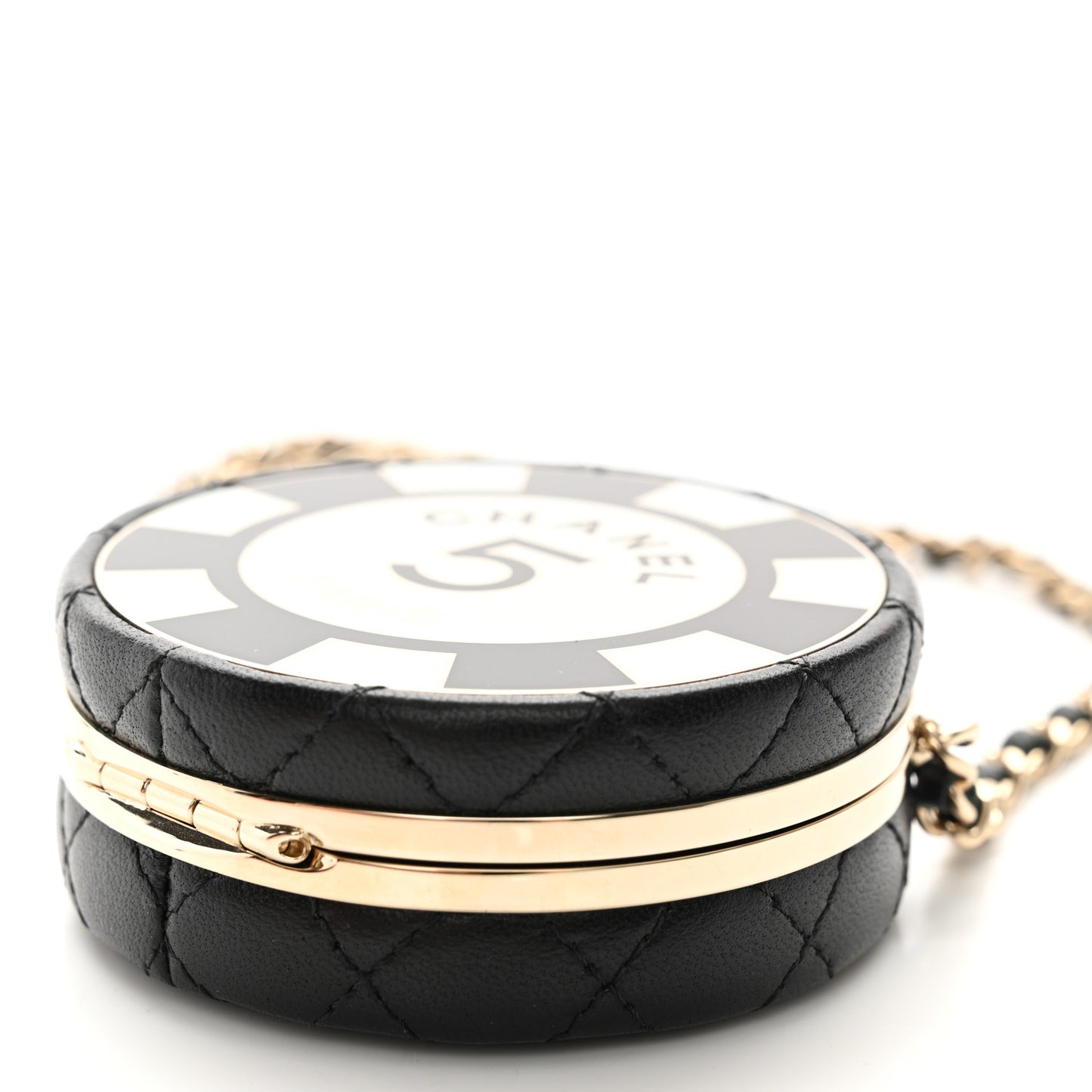 Lambskin Enamel Quilted Round Poker Chip Clutch With Chain Black White