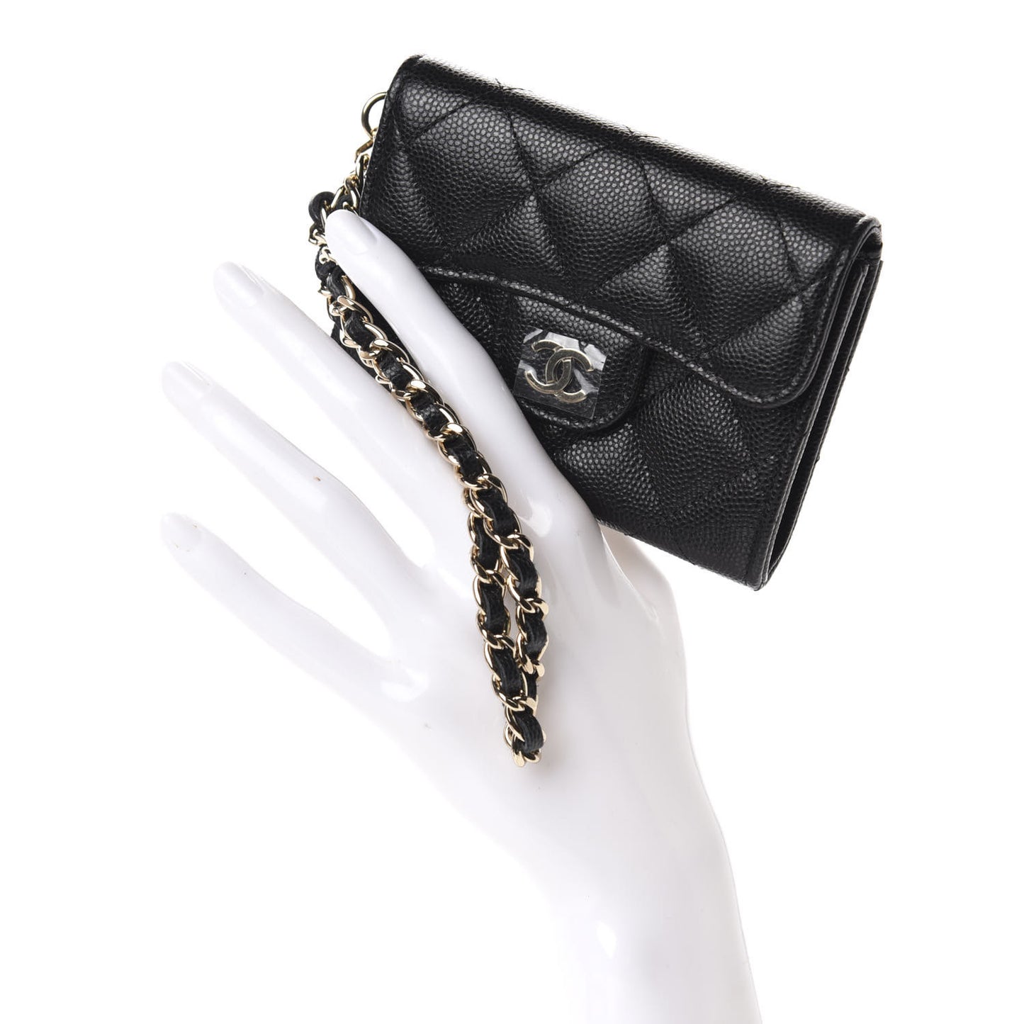 Caviar Quilted Flap Card Holder Chain Wristlet Black