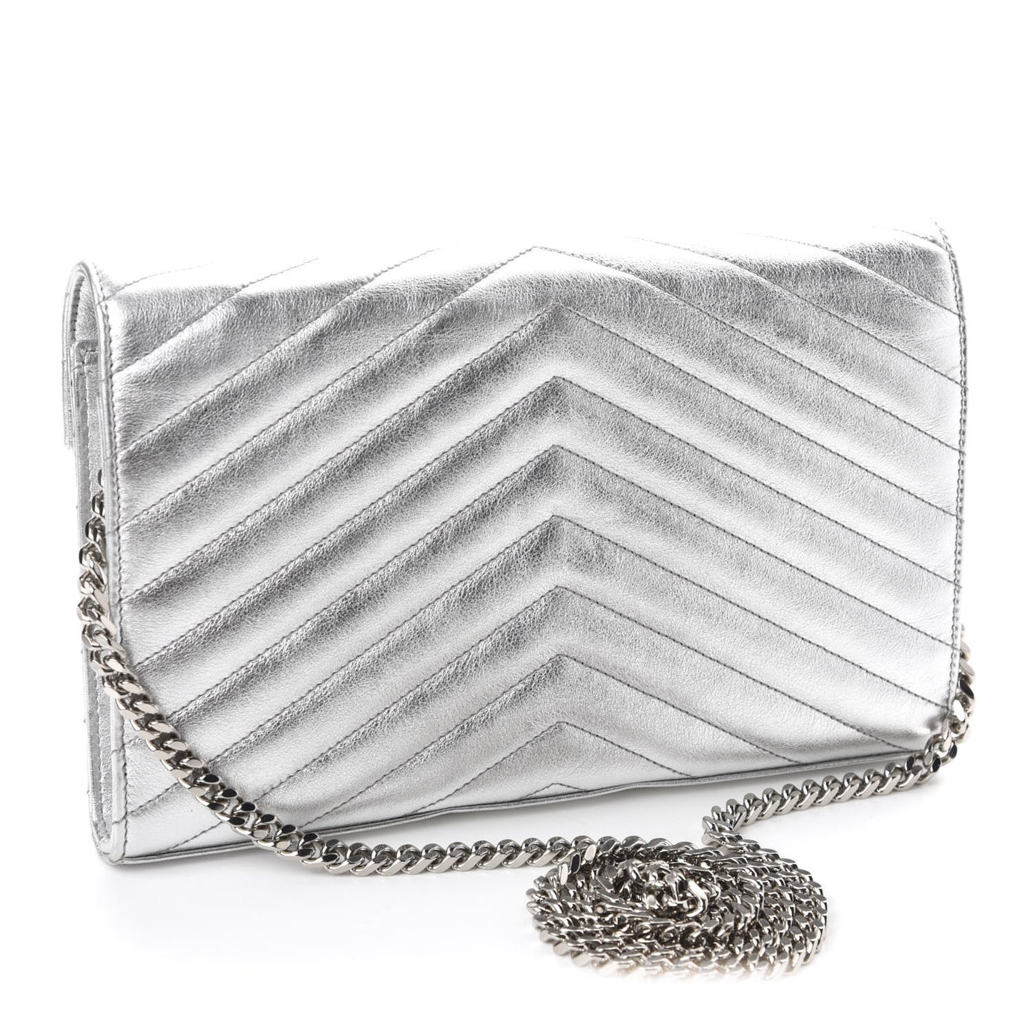 Metallic Lambskin Matelasse Chevron Monogram Chain Wallet Argento