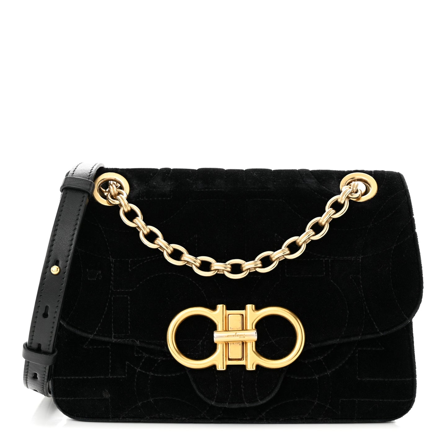 Velvet Quilted Gancini Flap Bag Black