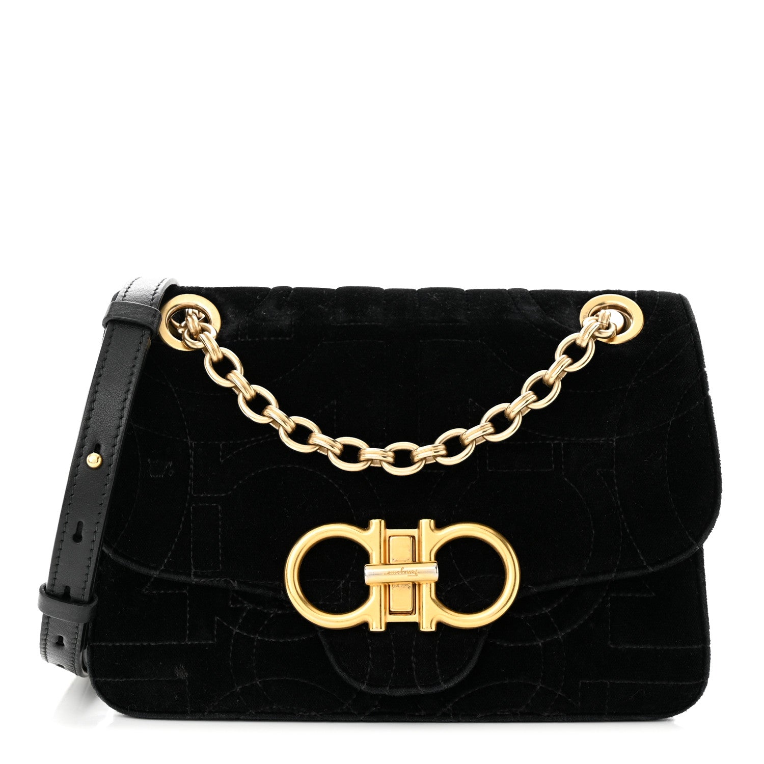 Salvatore Ferragamo Velvet Quilted Gancini Flap Bag Black 1 of 11