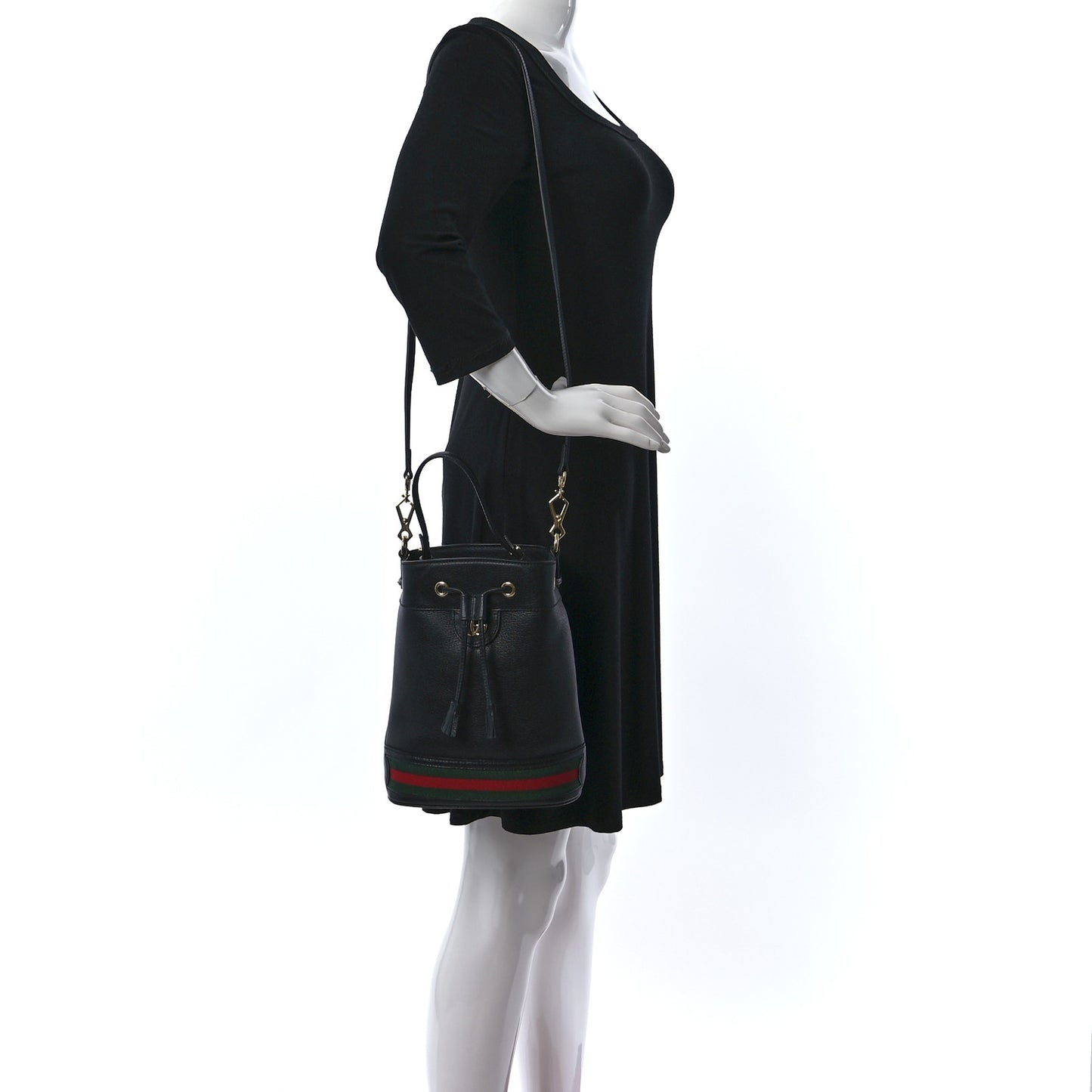 Glazed Textured Calfskin Web Small Ophidia Bucket Bag Black