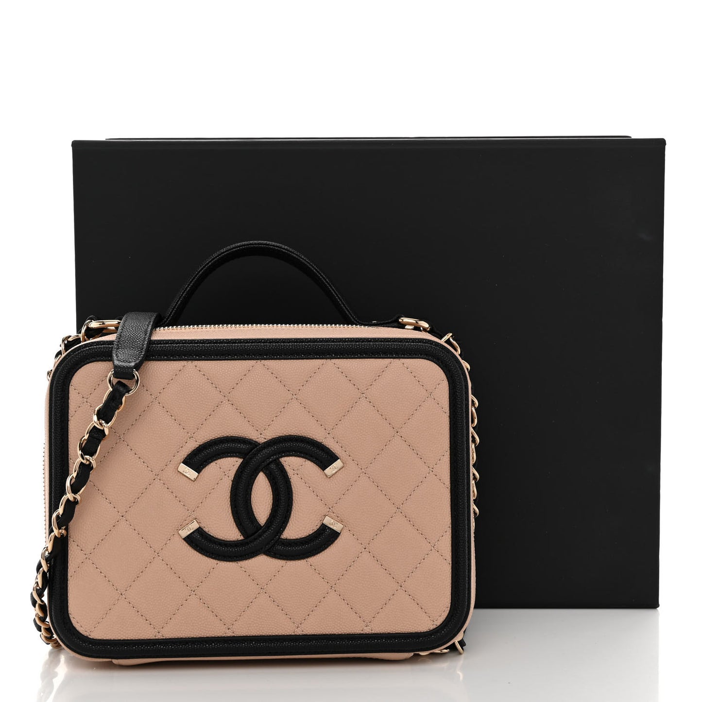 Caviar Quilted Medium CC Filigree Vanity Case Beige Black