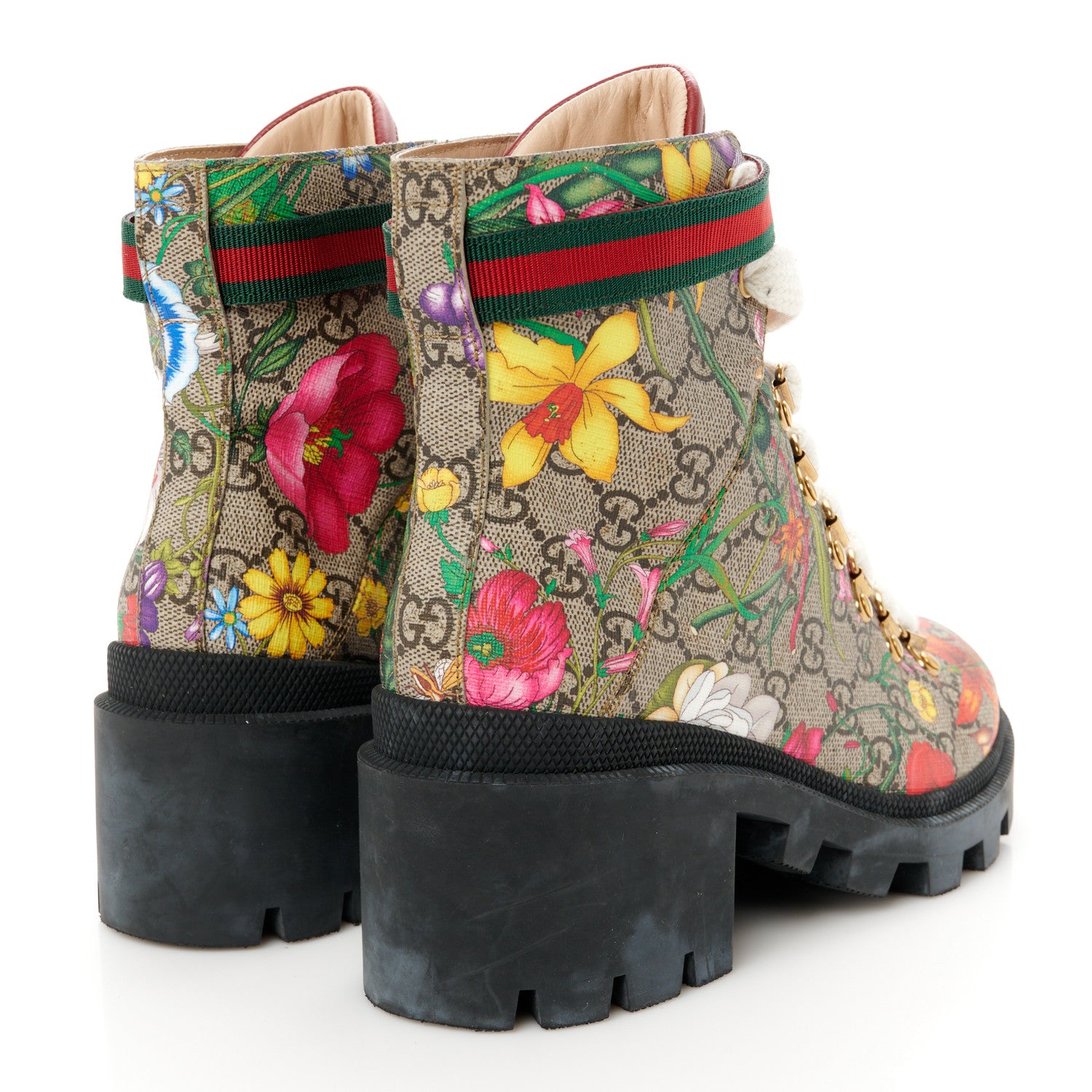 Gucci GG Supreme Monogram Flora Lace Up Combat Ankle Boots 38.5 Beige Multicolor Red 4 of 9