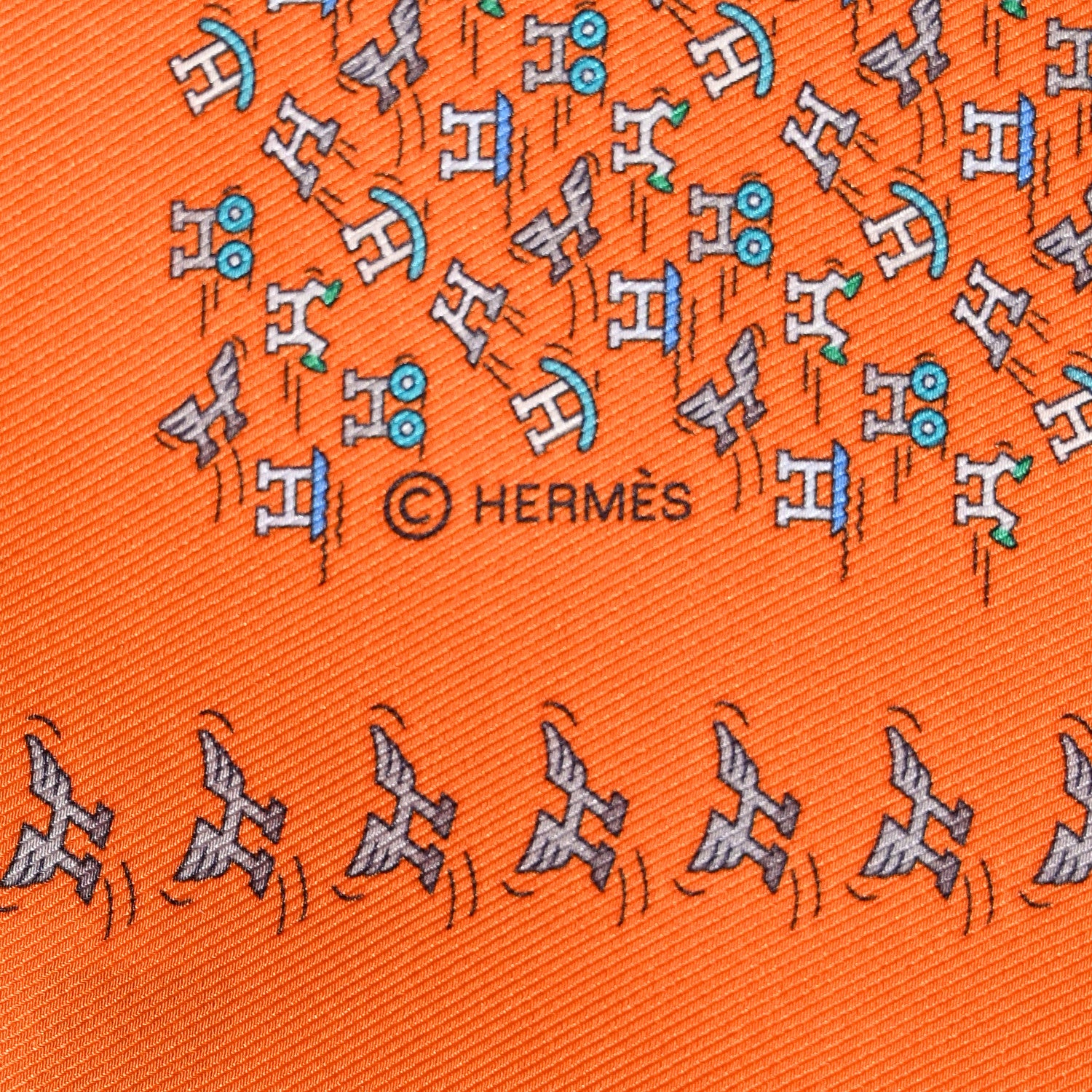 Hermes Silk H En Mouvement Pocket Square Scarf 45 Orange Turquoise Grey 5 of 5